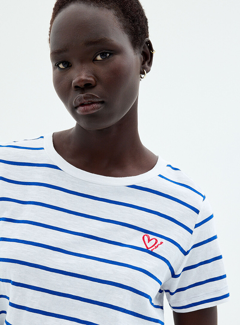 Contemporaine Navy/Midnight Blue Embroidered heart striped slub T-shirt for women