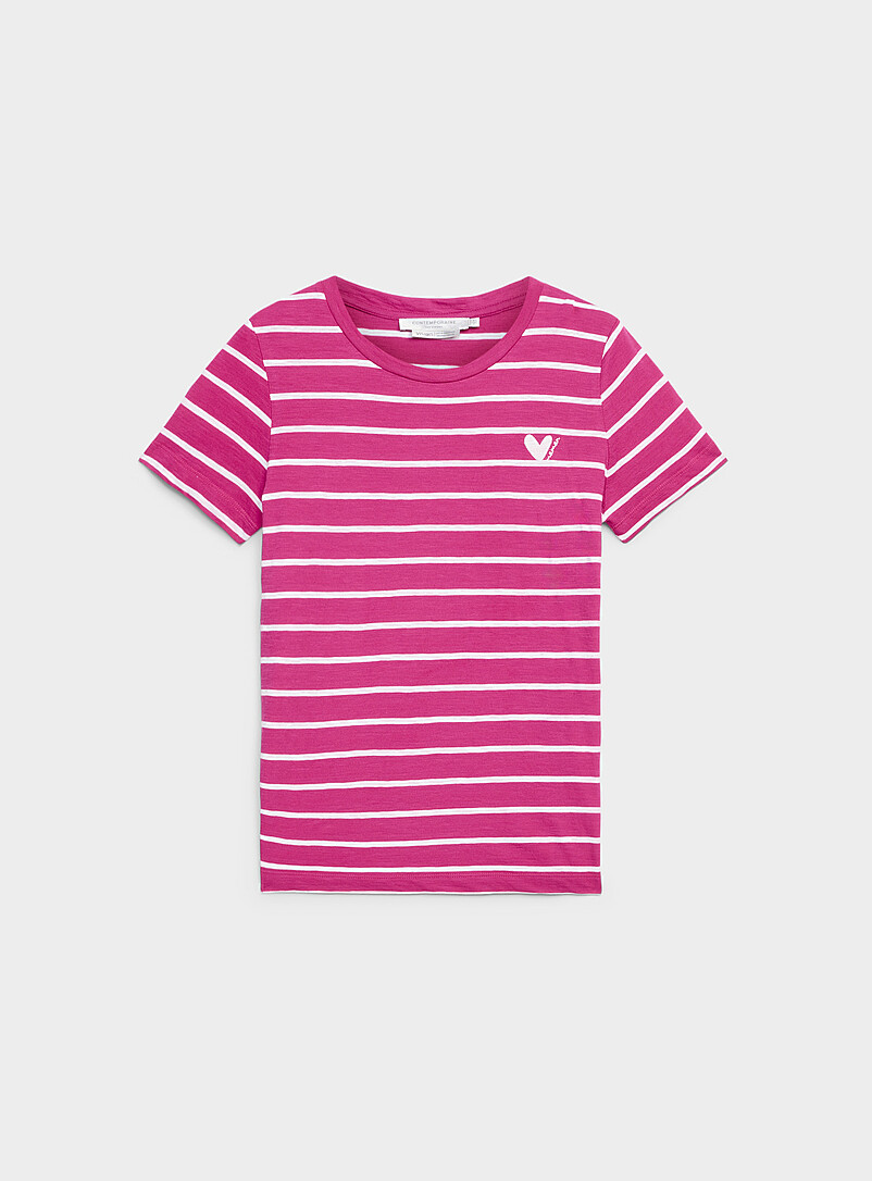 Contemporaine Navy/Midnight Blue Embroidered heart striped slub T-shirt for women
