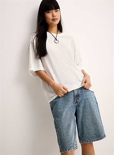 Scissor-cut hem slub T-shirt