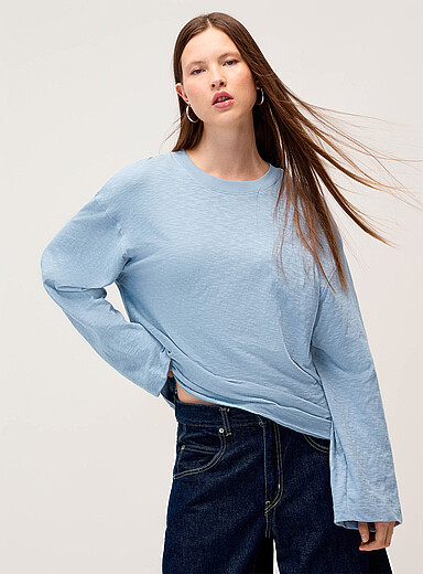 Scissor-cut hem long-sleeve slub T-shirt