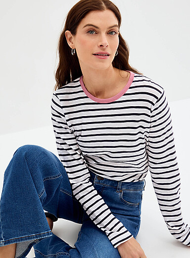 Contemporaine: Le t-shirt flamm&eacute; ray&eacute; pur coton bio Blanc &agrave; motifs pour femme