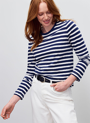 Contemporaine: Le t-shirt flamm&eacute; ray&eacute; pur coton bio Bleu &agrave; motifs pour femme