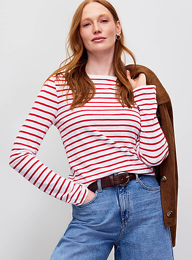 Contemporaine Raspberry/Cherry Red Striped pure organic cotton slub T-shirt for women