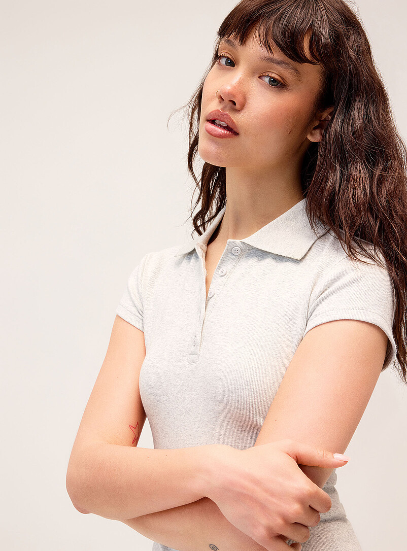 Twik Light Grey Solid fitted polo shirt for women