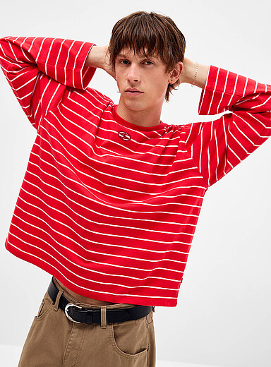 Djab: Le t-shirt ray&eacute; broderie logo <b>Coupe ample</b> Rouge pour homme