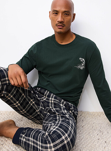 Le 31 Green Printed long-sleeve lounge T-shirt for men
