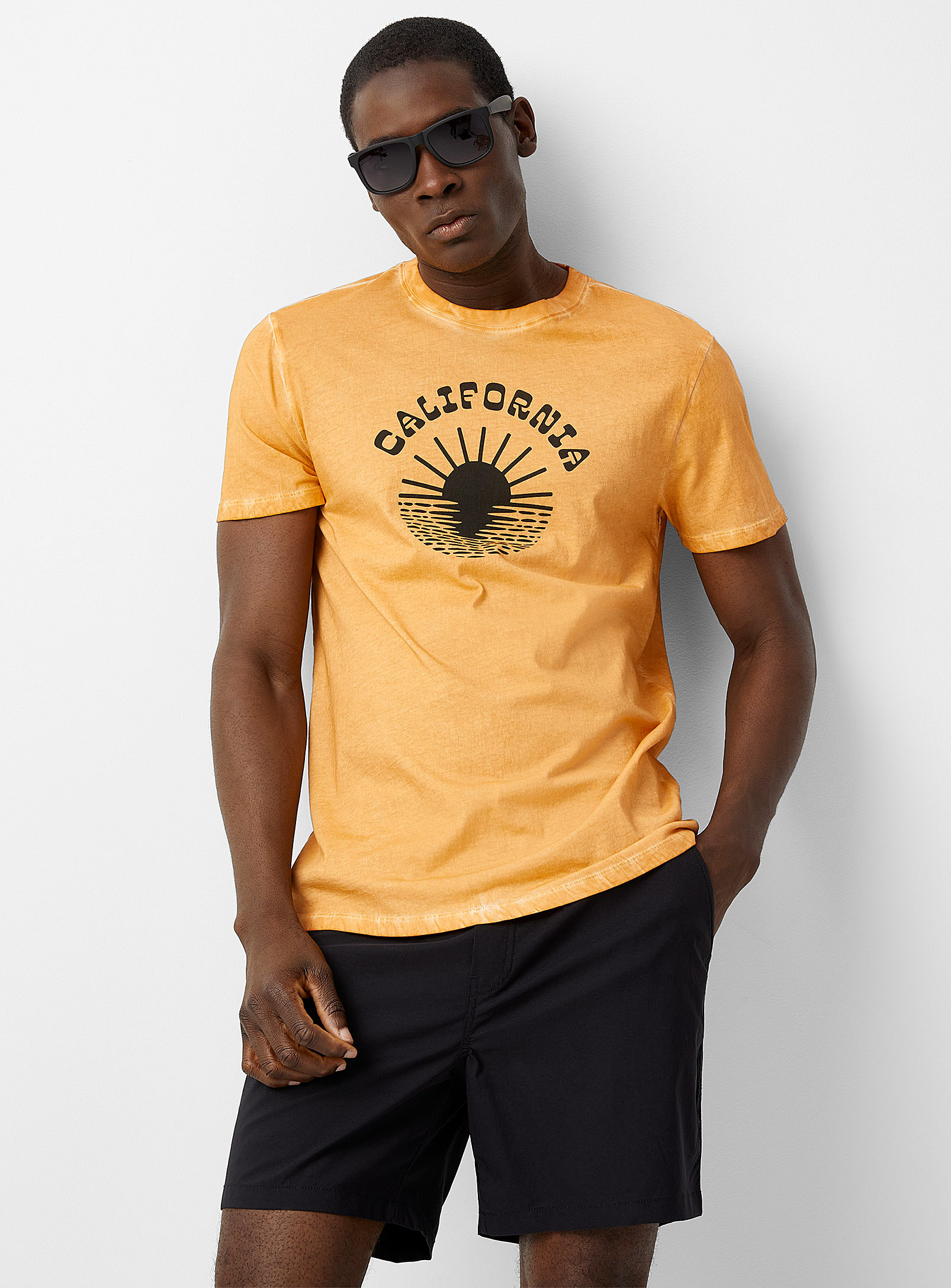 Le 31 Oil-washed Print T-shirt In Citrus/bright Orange