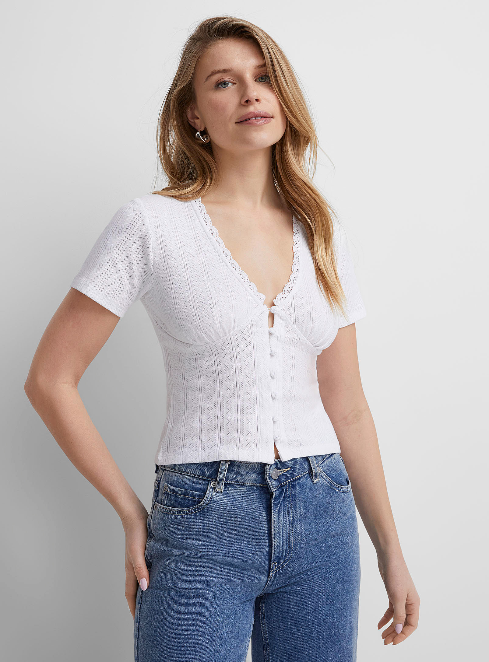 Icone Pointelle Pattern Buttoned T-shirt In White