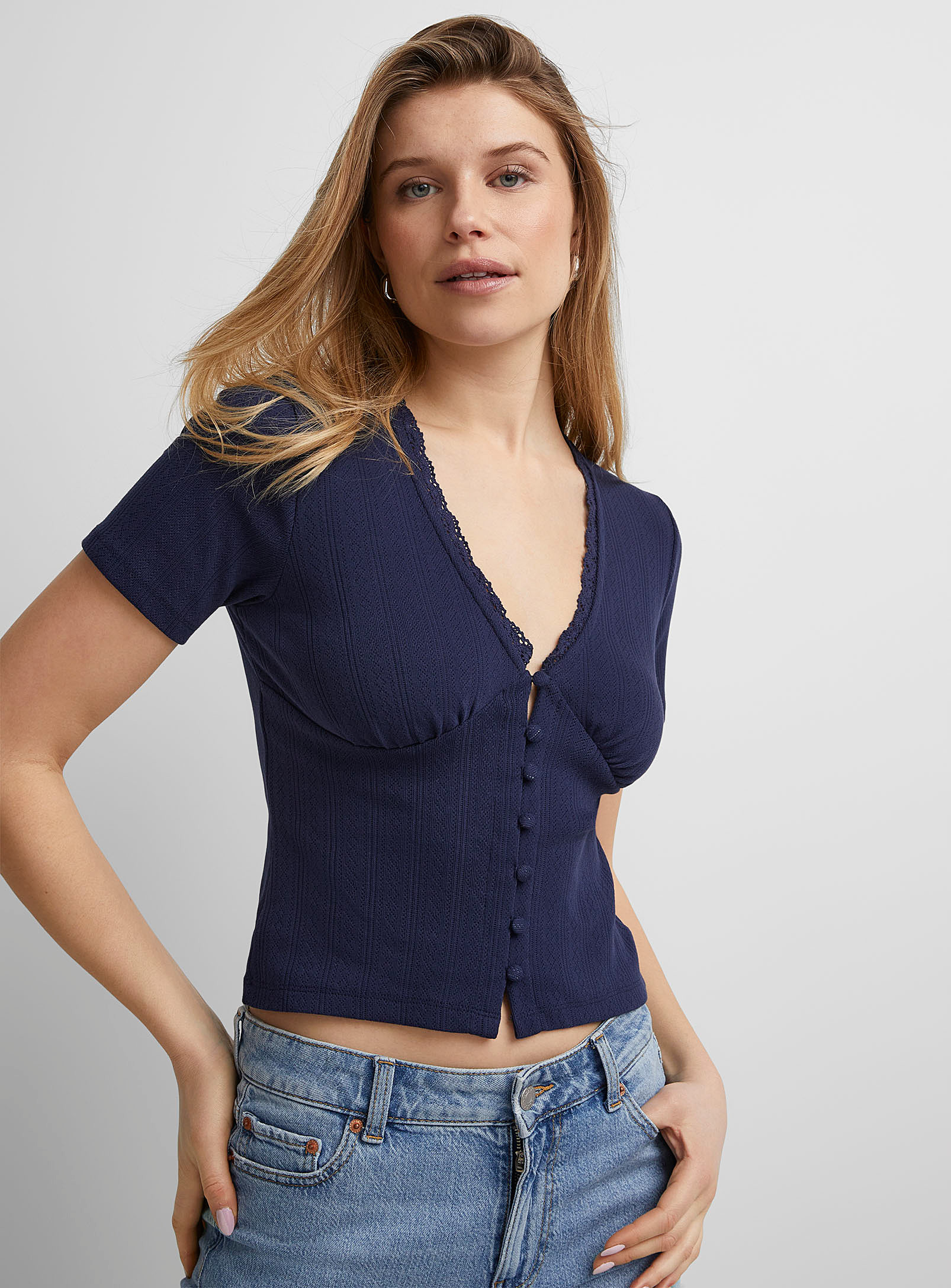 Icone Pointelle Pattern Buttoned T-shirt In Navy/midnight Blue