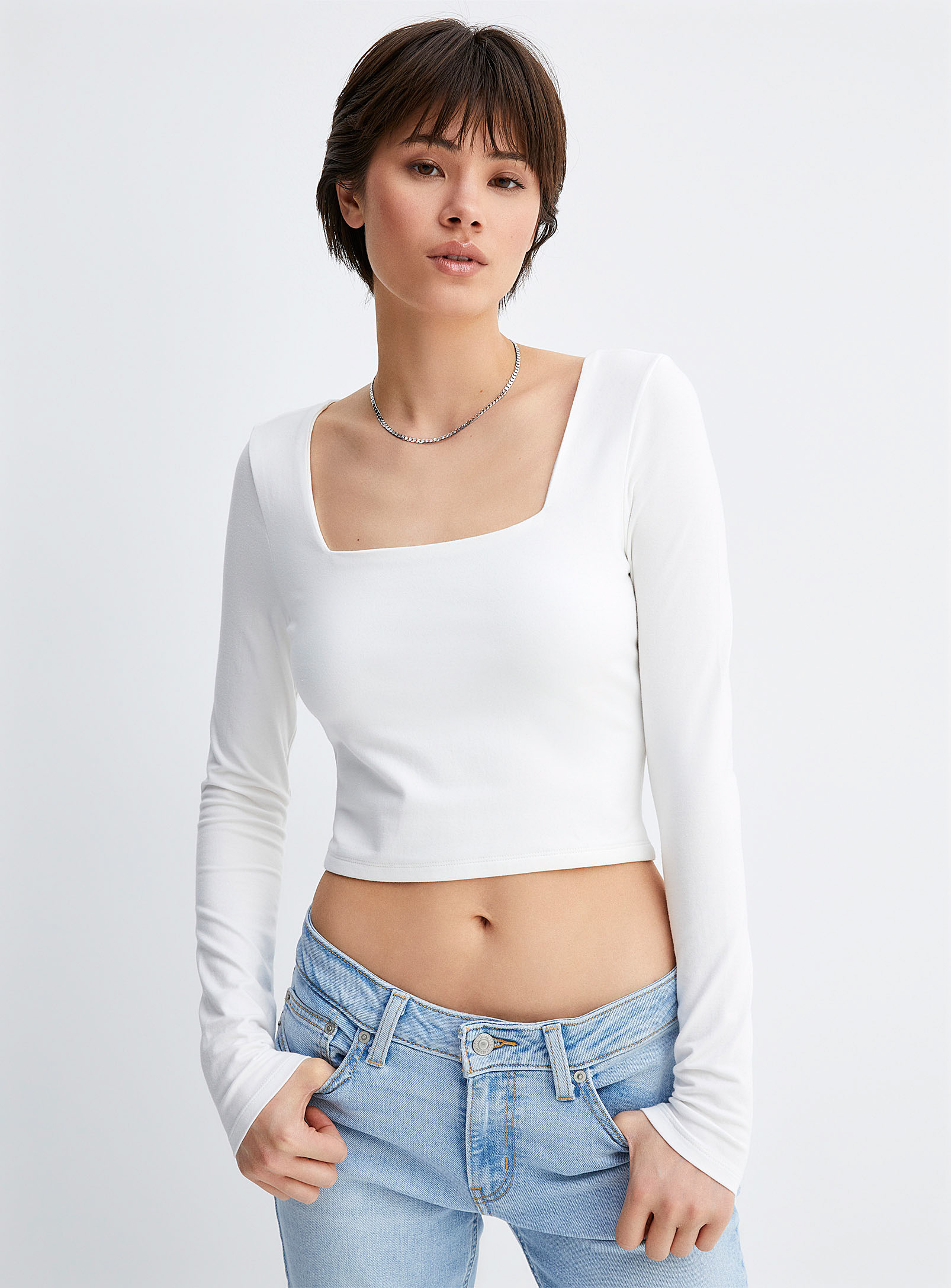 Twik Long-sleeve Square-neck Cropped T-shirt In Ivory White