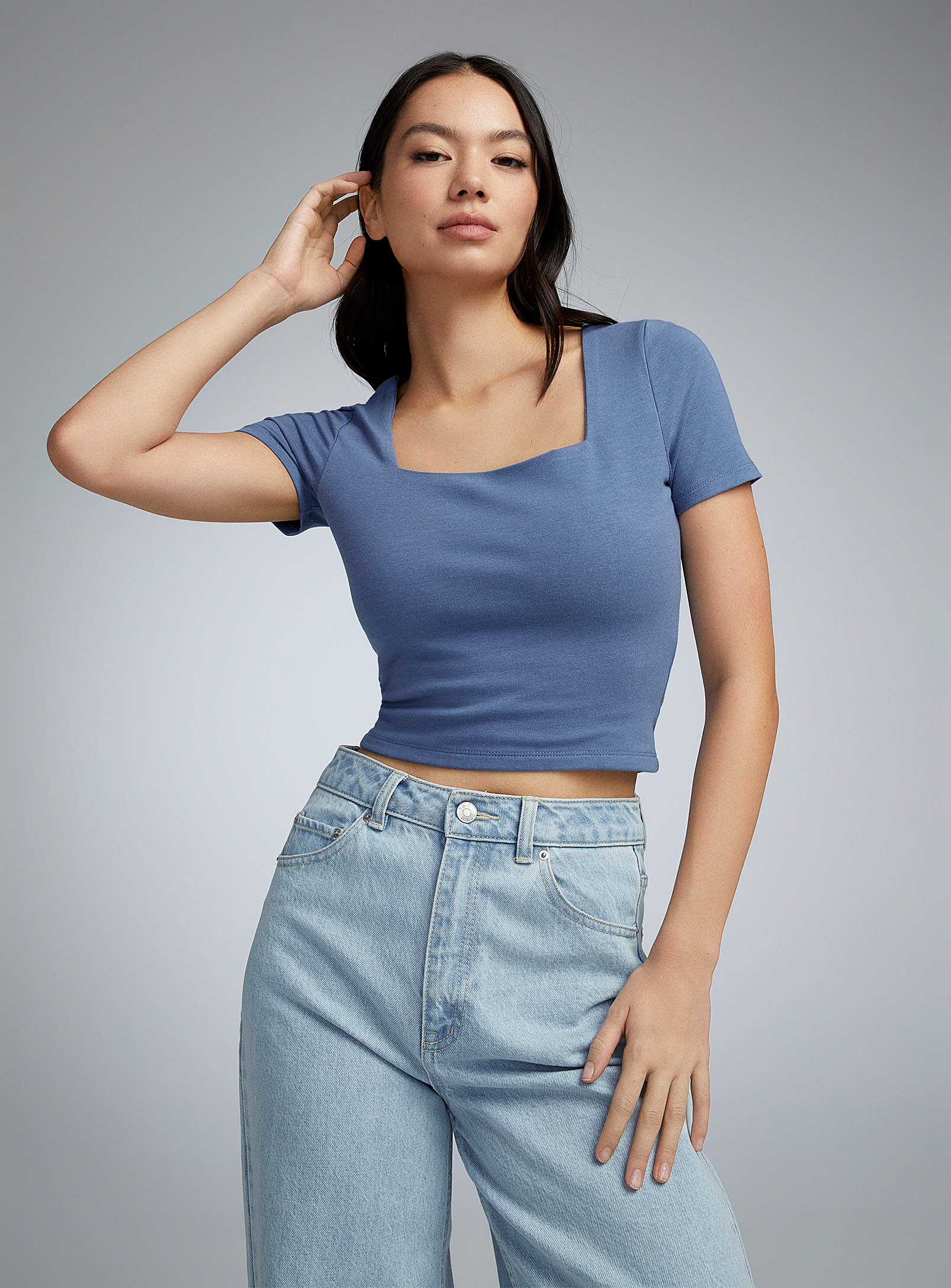 Twik Short-sleeve Square-neck Cropped Tee In Blue