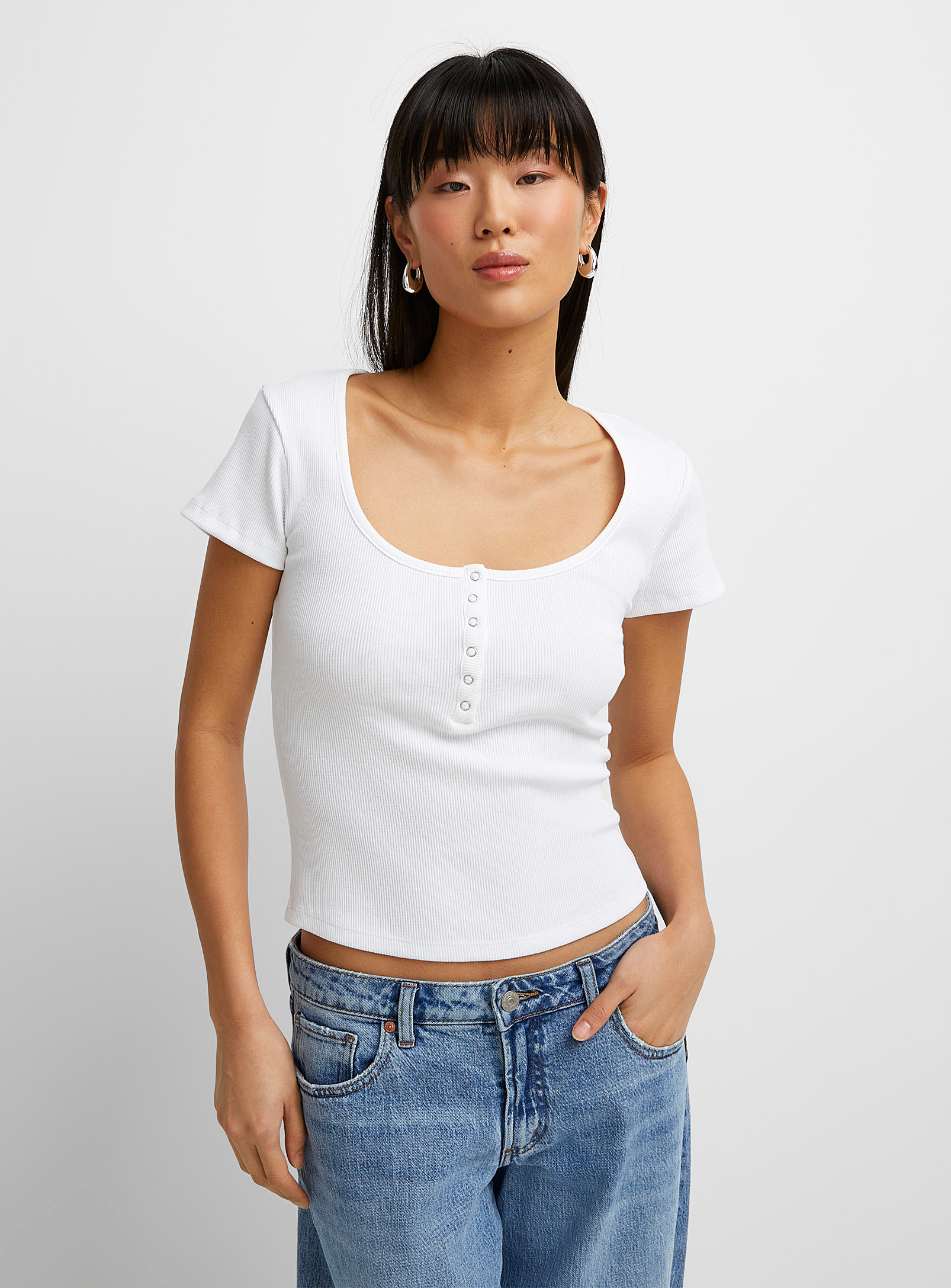 Icone Mini-ribbing Henley T-shirt In White