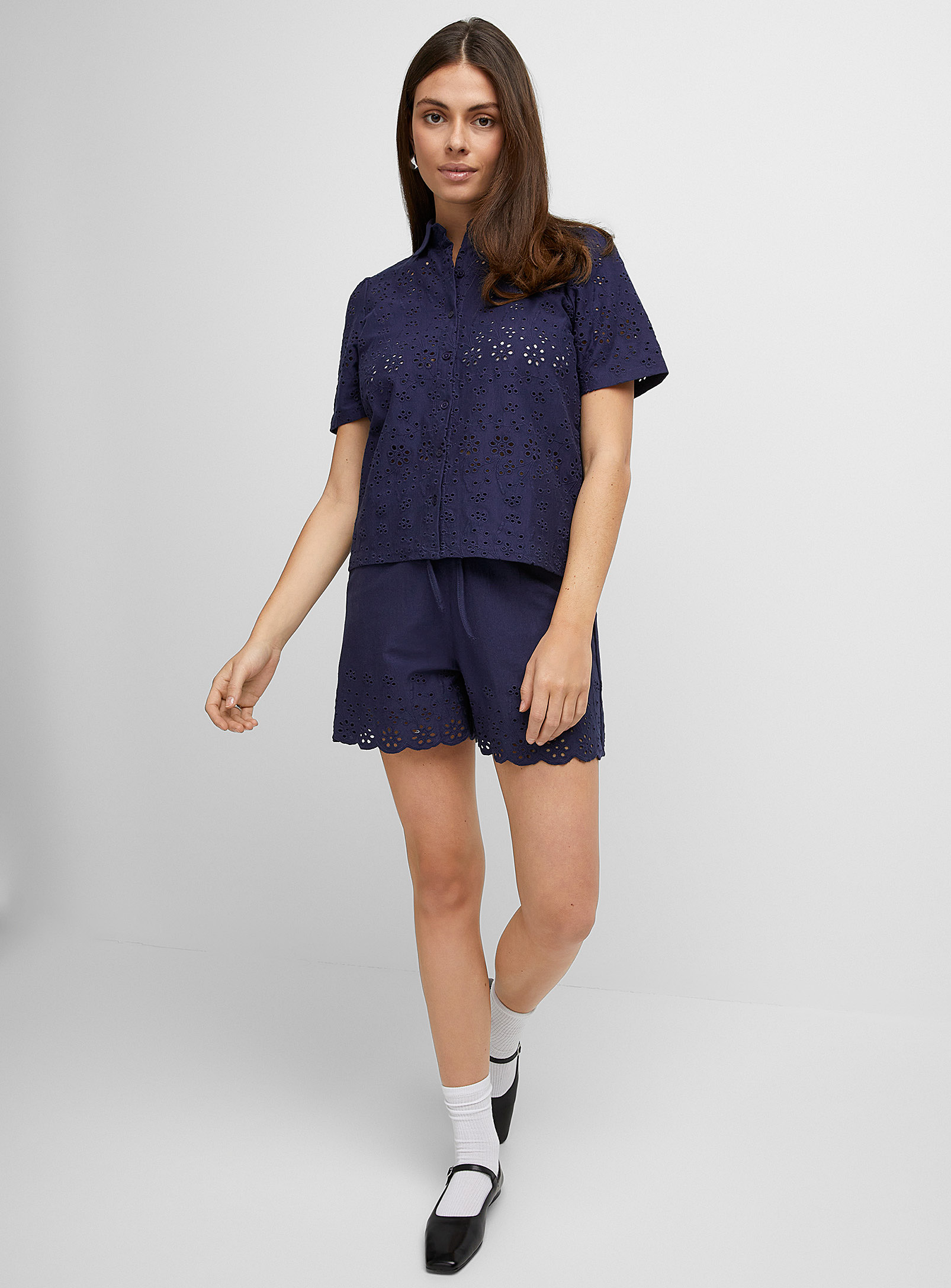 Icone Broderie Anglaise Polo-collar T-shirt In Navy/midnight Blue