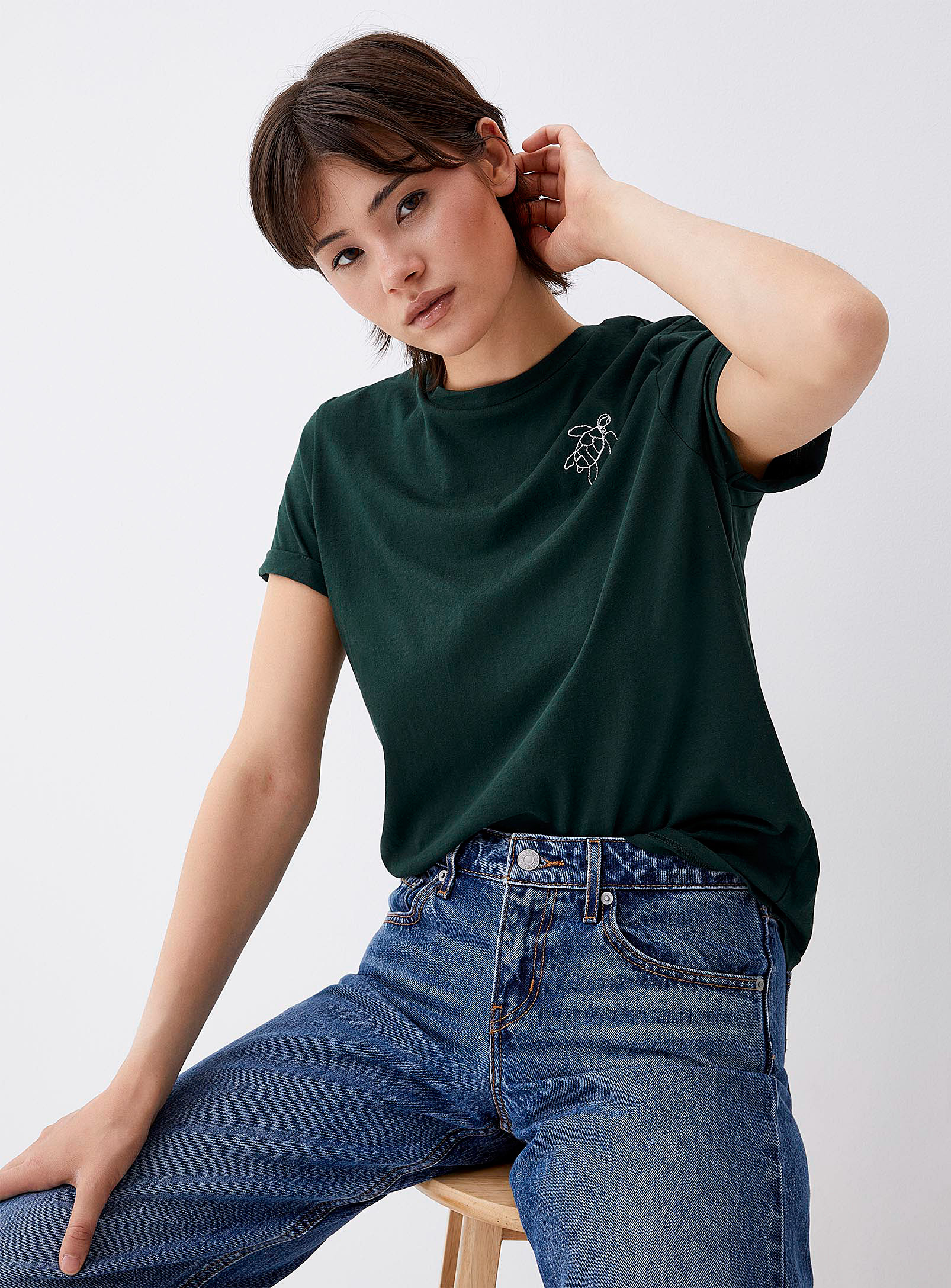 Twik Embroidery Thin Jersey Crew-neck Tee Relaxed Fit In Pine/bottle Green