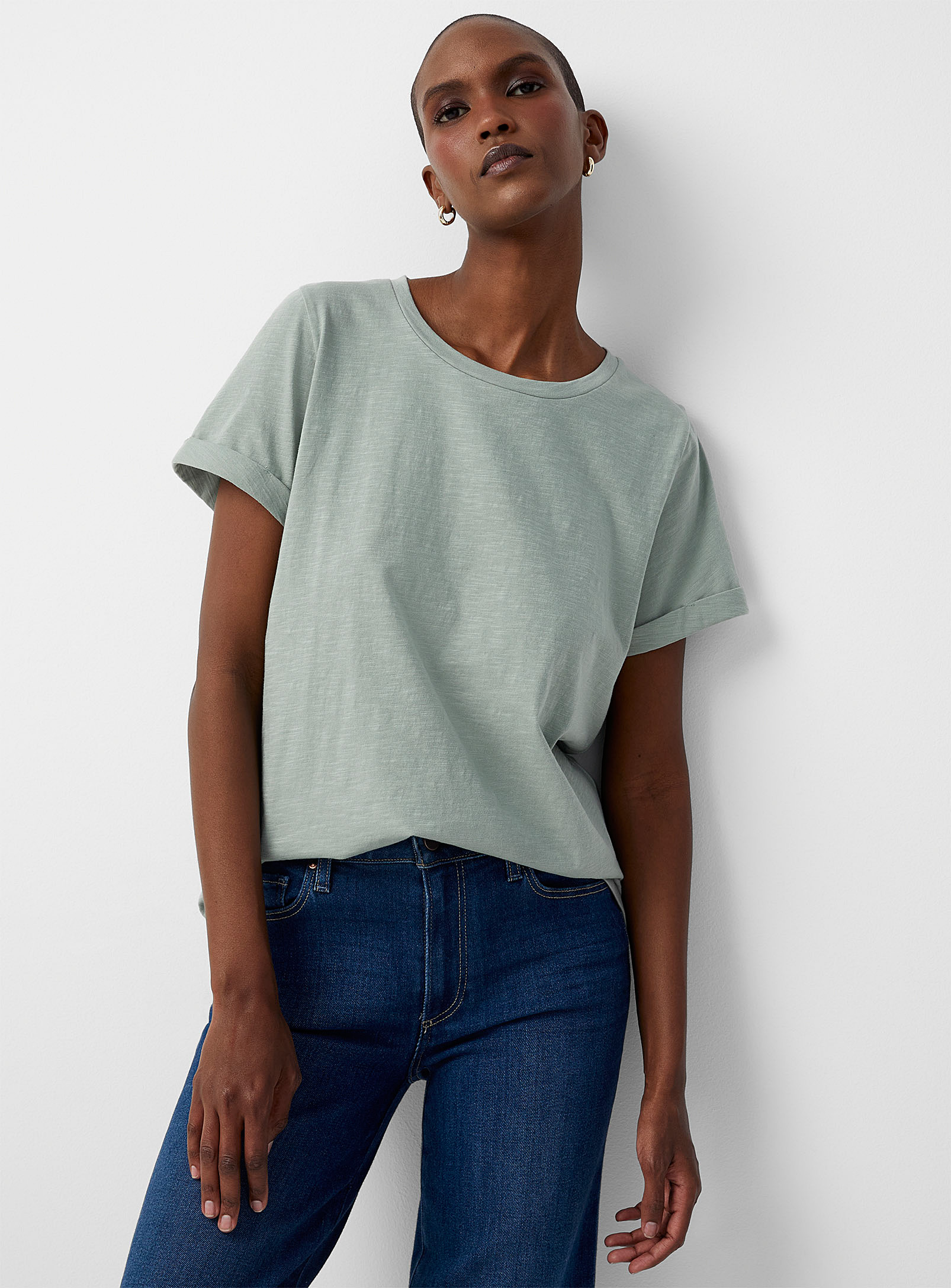 Contemporaine Cuffed-sleeve Slub T-shirt In Mint/pistachio Green