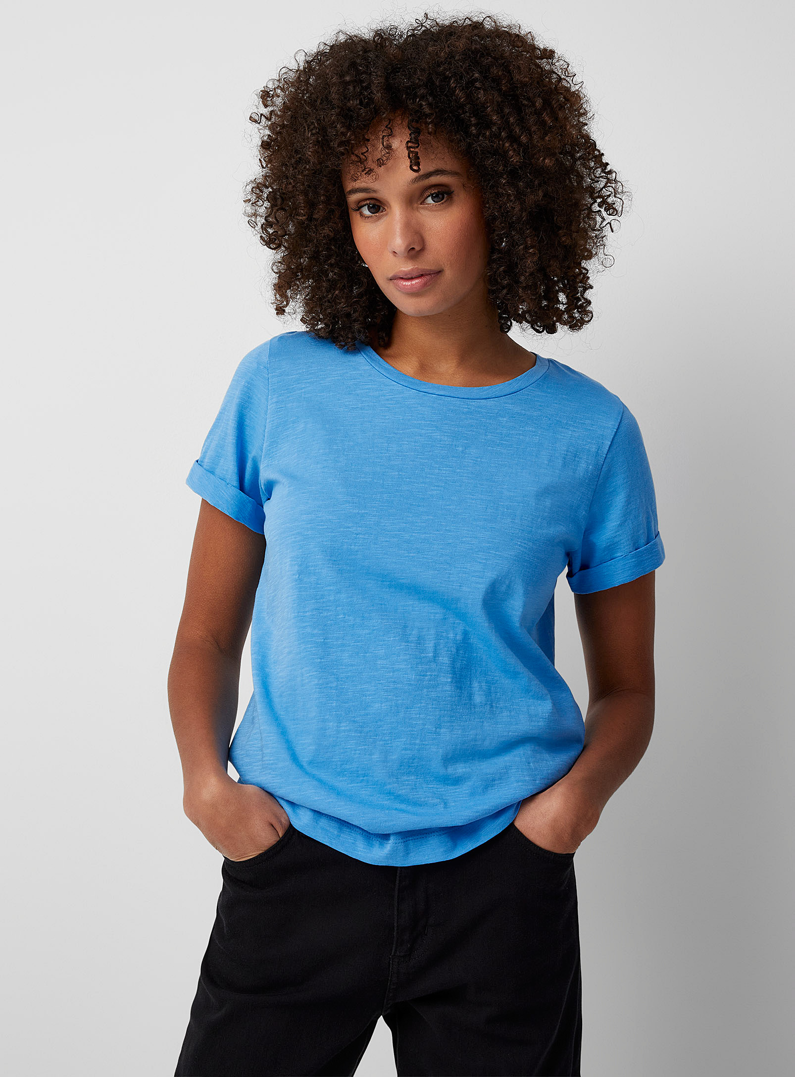 Contemporaine Cuffed Sleeves Slub T-shirt In Baby Blue