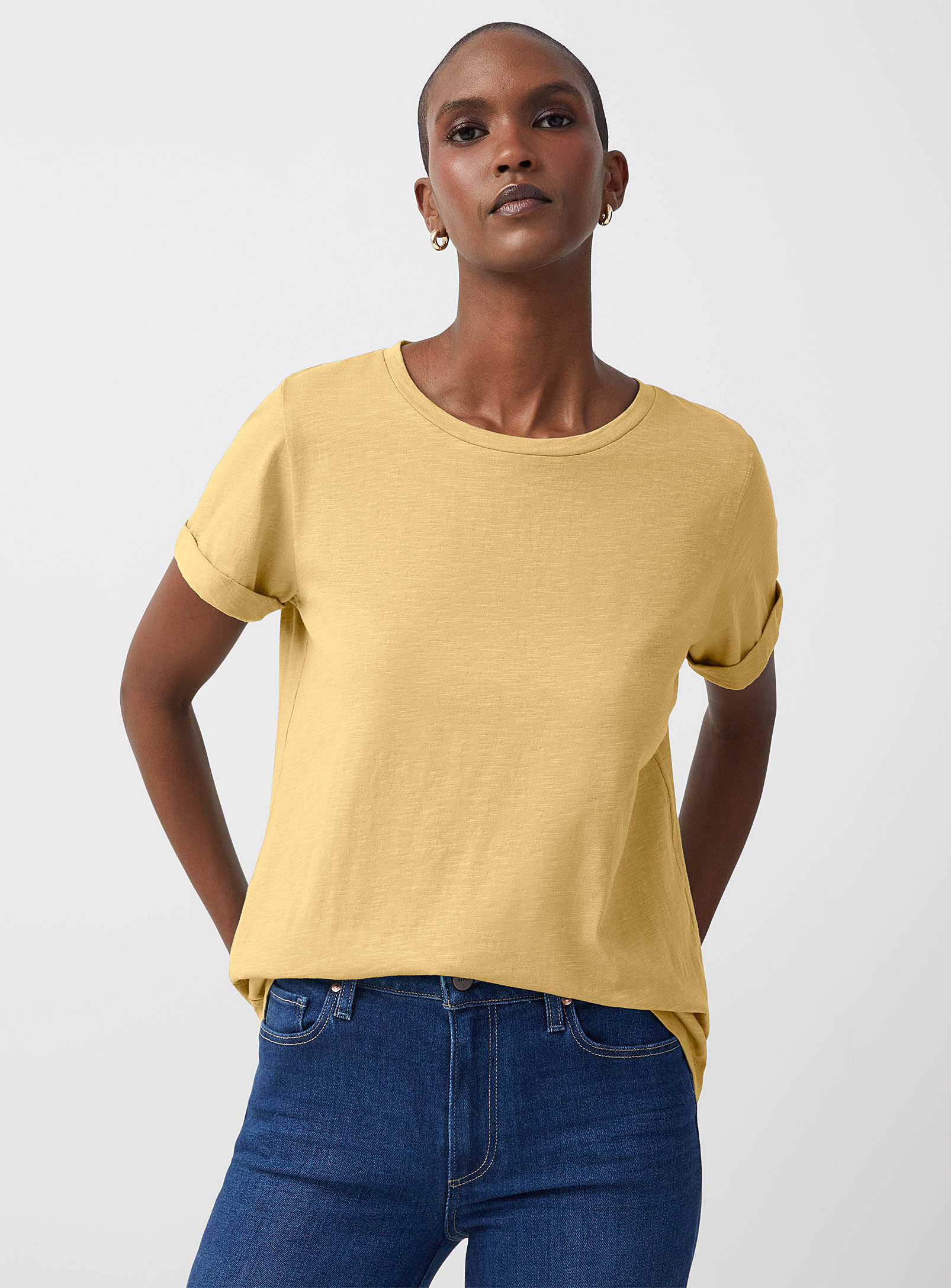 Contemporaine Cuffed-sleeve Slub T-shirt In Yellow