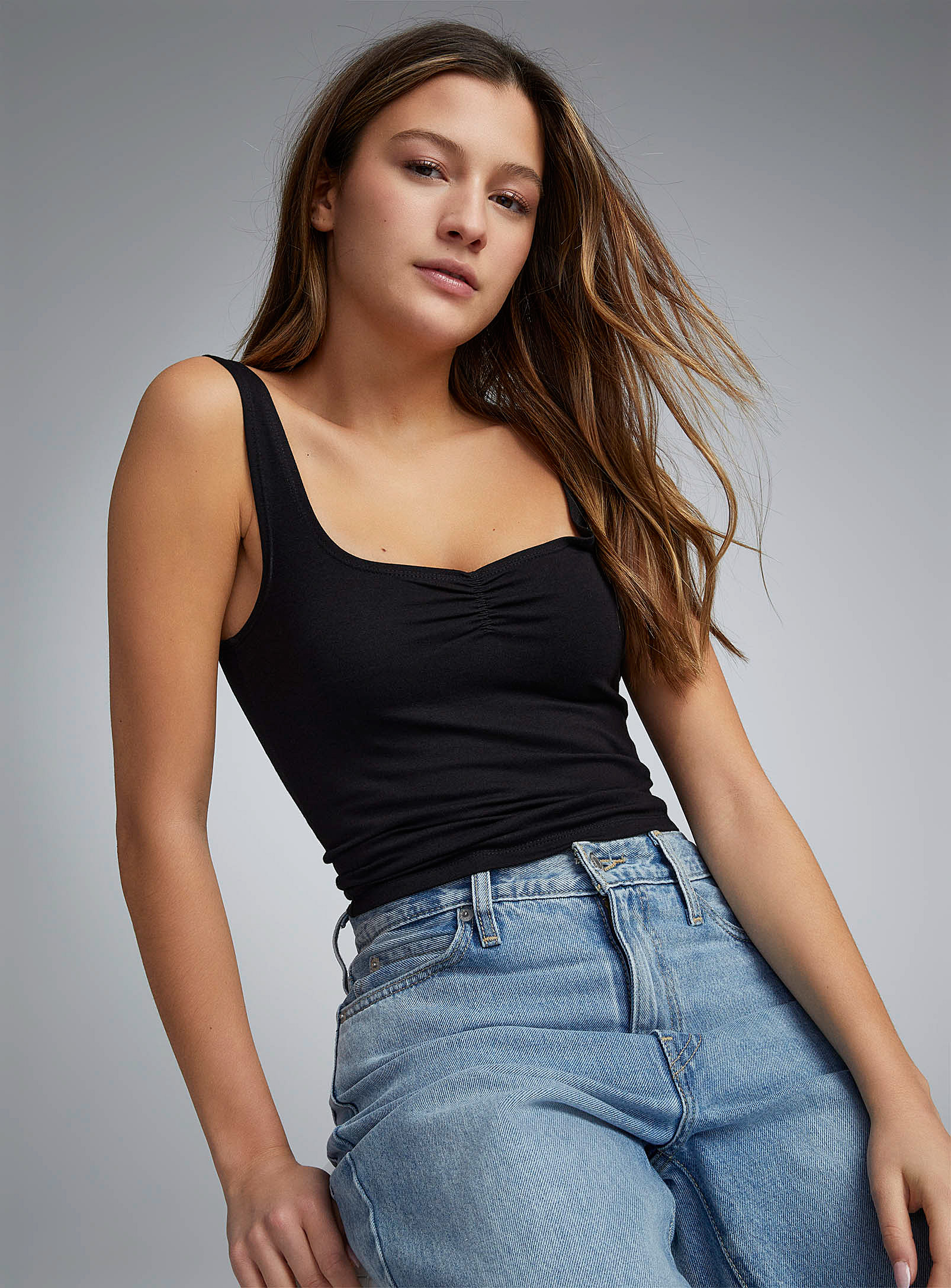 Twik Ruched Detail Cropped Cami In Black
