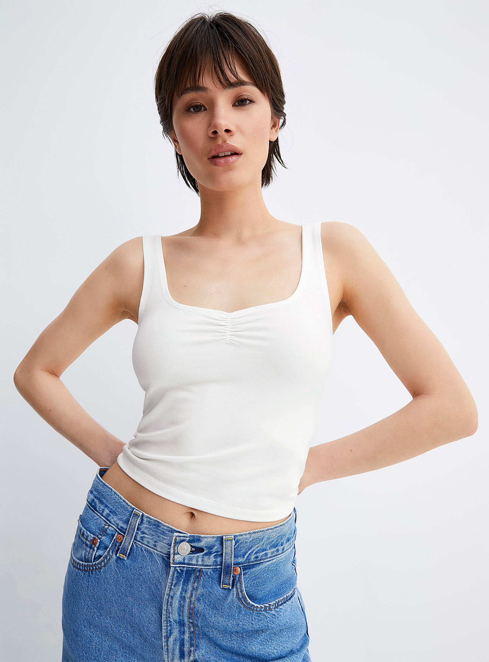 Twik Ruched Detail Cropped Cami In Ivory White