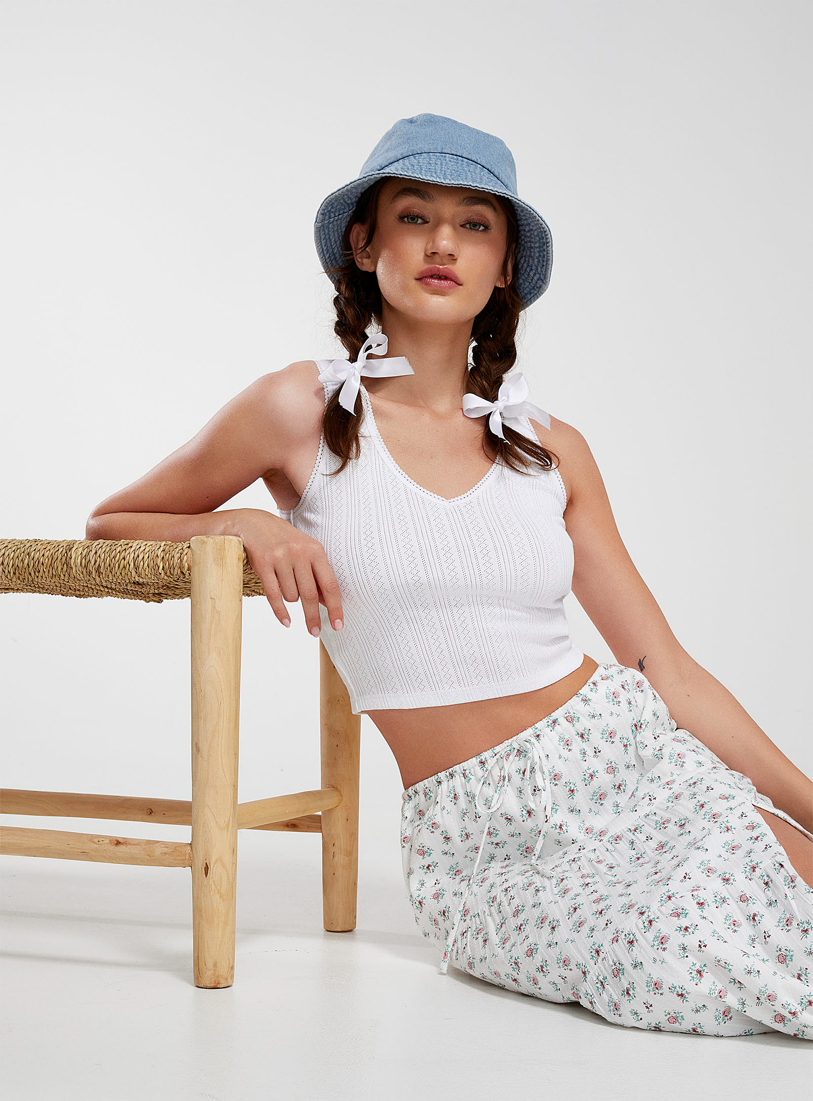 Twik Pointelle Knit Cropped Cami In White