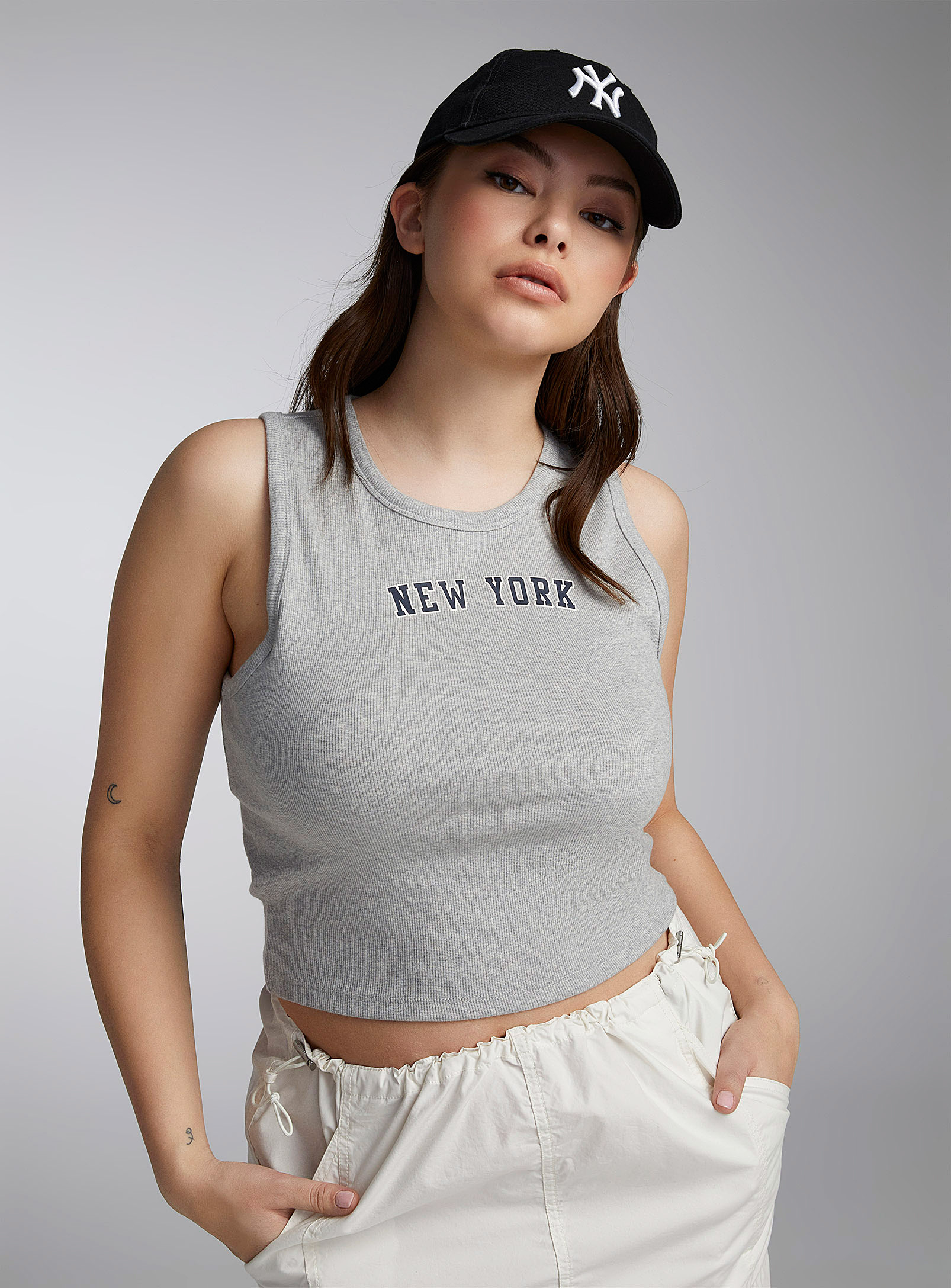Twik Embroidery Mini-ribbing Cami Super Slim Fit In Grey