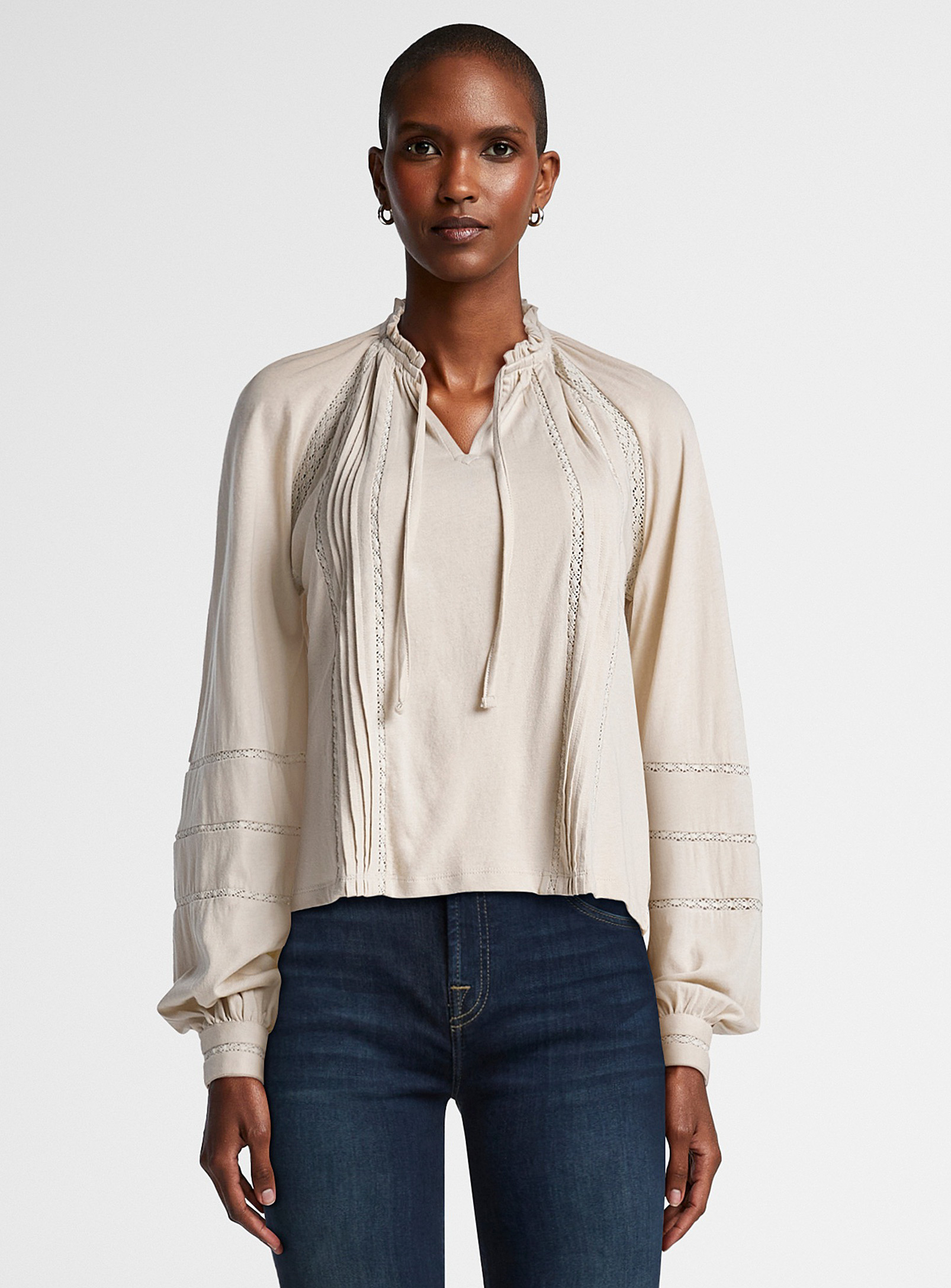 Contemporaine Crocheted Ribbons And Ruffled Collar Blouse In Neutral