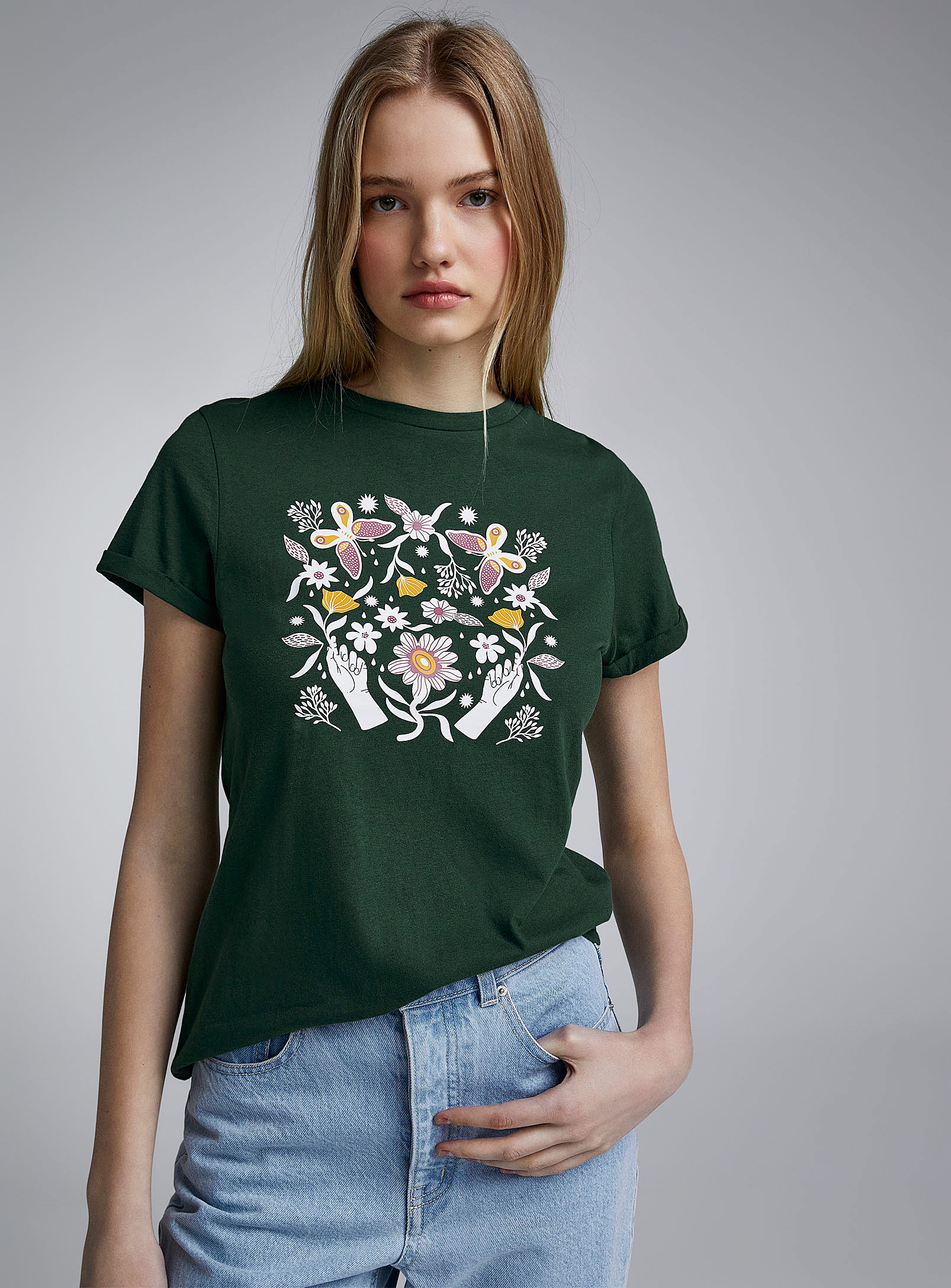 Twik Printed Thin Jersey Rolled Sleeves Tee Relaxed Fit In Green