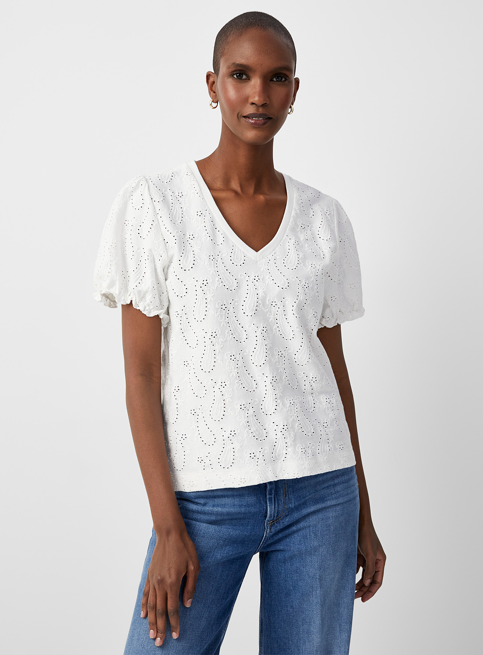 Contemporaine Puff-sleeve Broderie Anglaise Tee In White