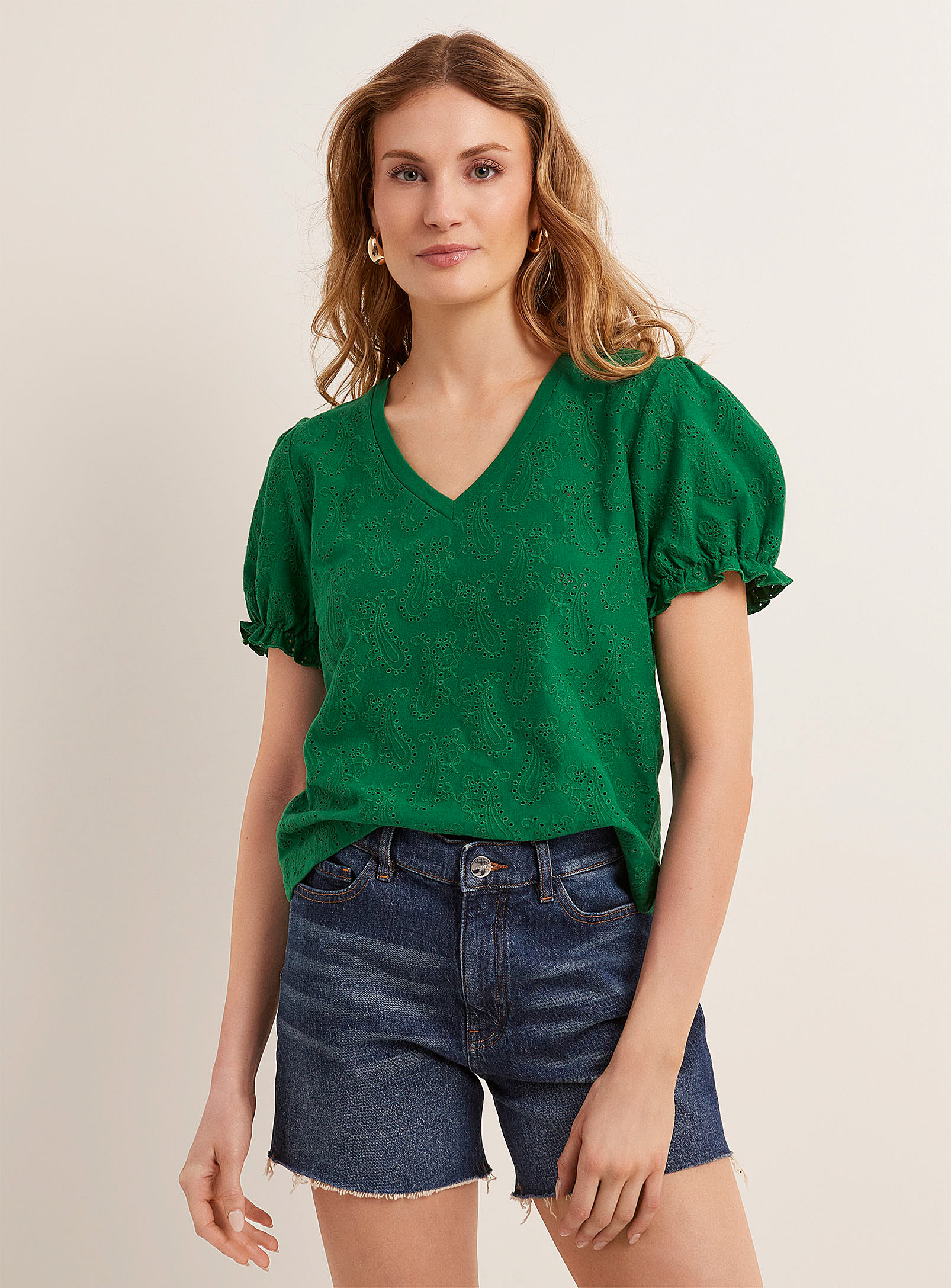 Contemporaine Puff-sleeve Broderie Anglaise Tee In Pine/bottle Green