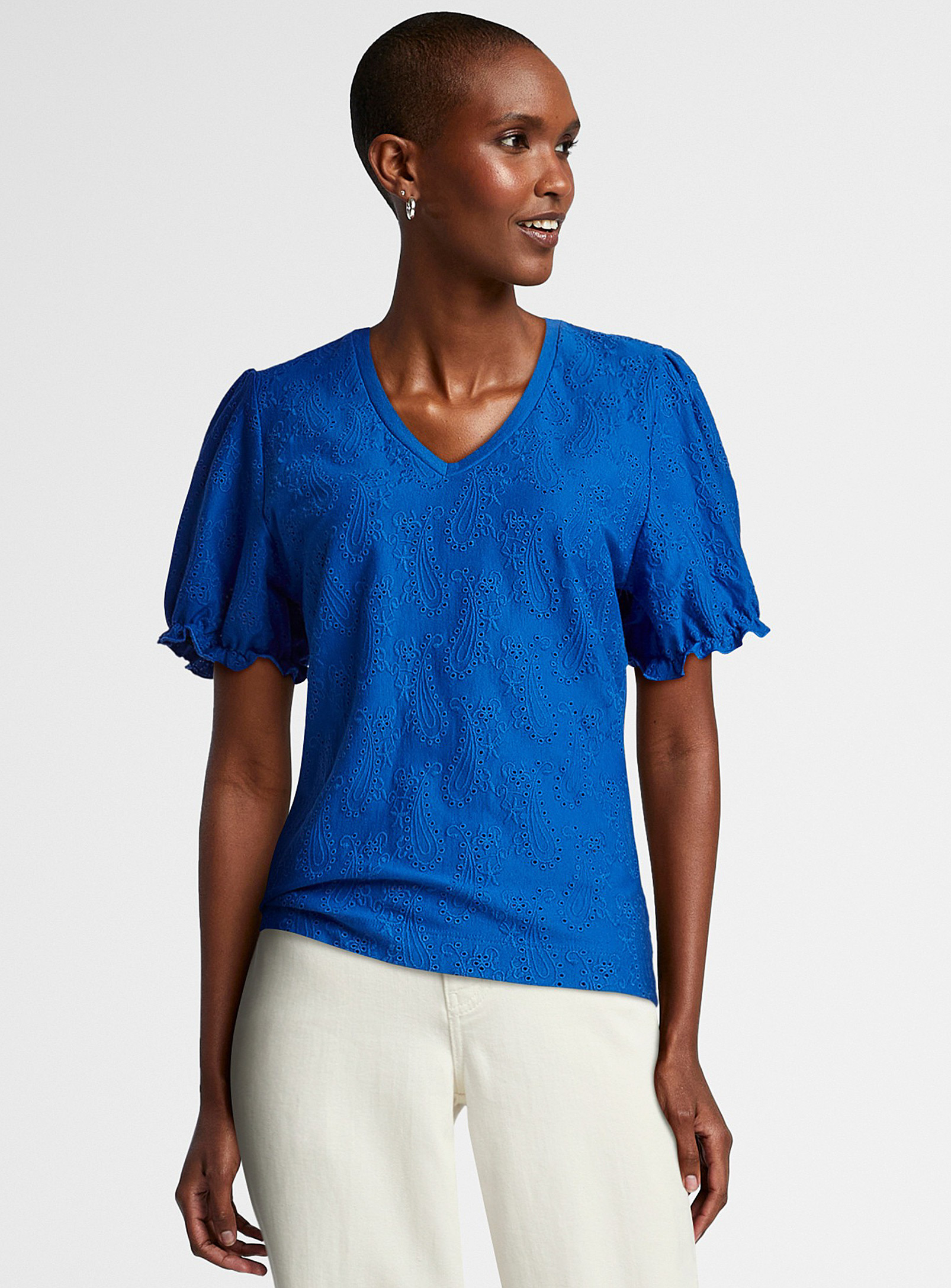 Contemporaine Puff-sleeve Broderie Anglaise Tee In Royal/sapphire Blue