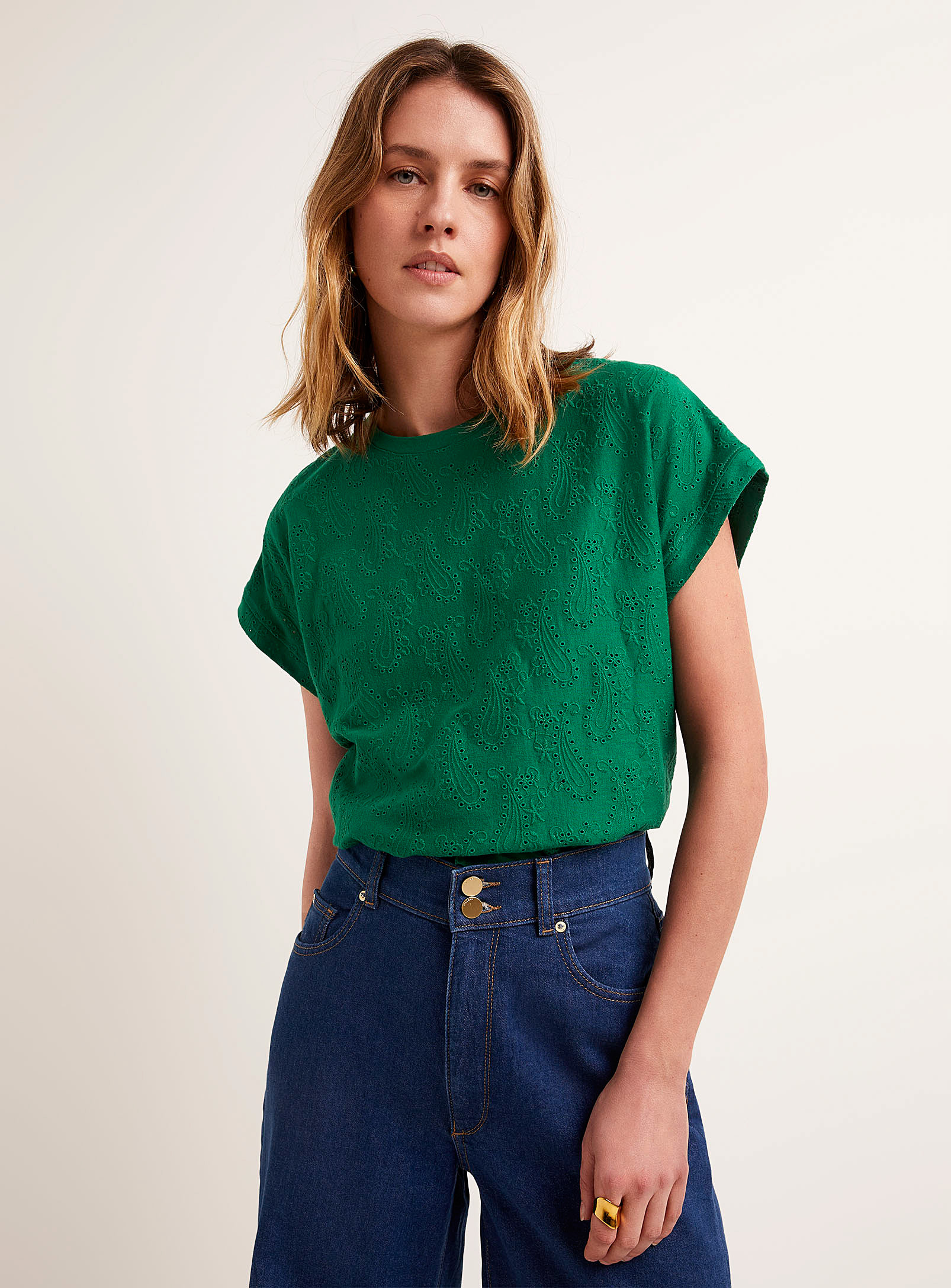 Contemporaine Cap-sleeve Broderie Anglaise Tee In Pine/bottle Green