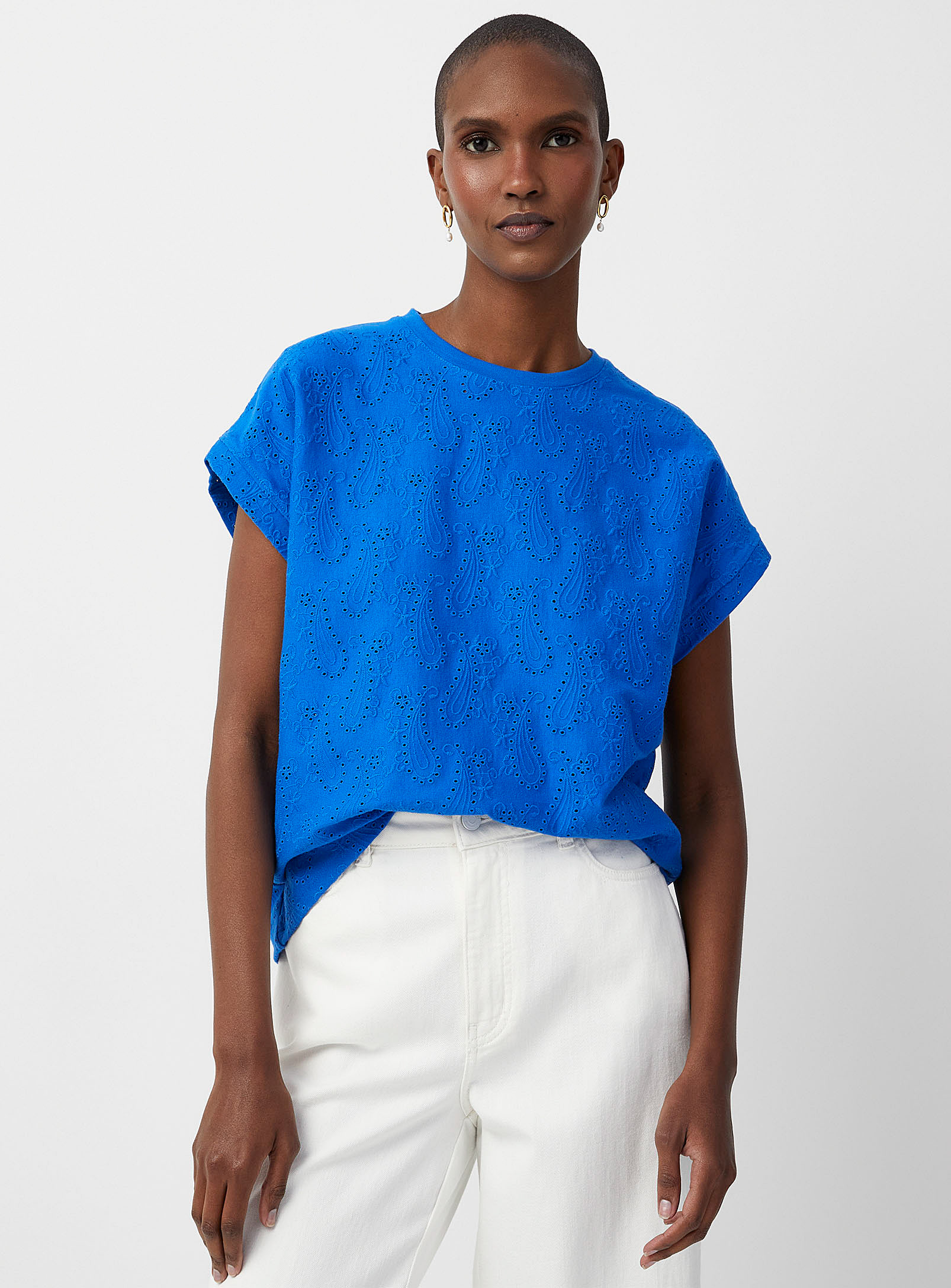 Contemporaine Cap-sleeve Broderie Anglaise Tee In Royal/sapphire Blue