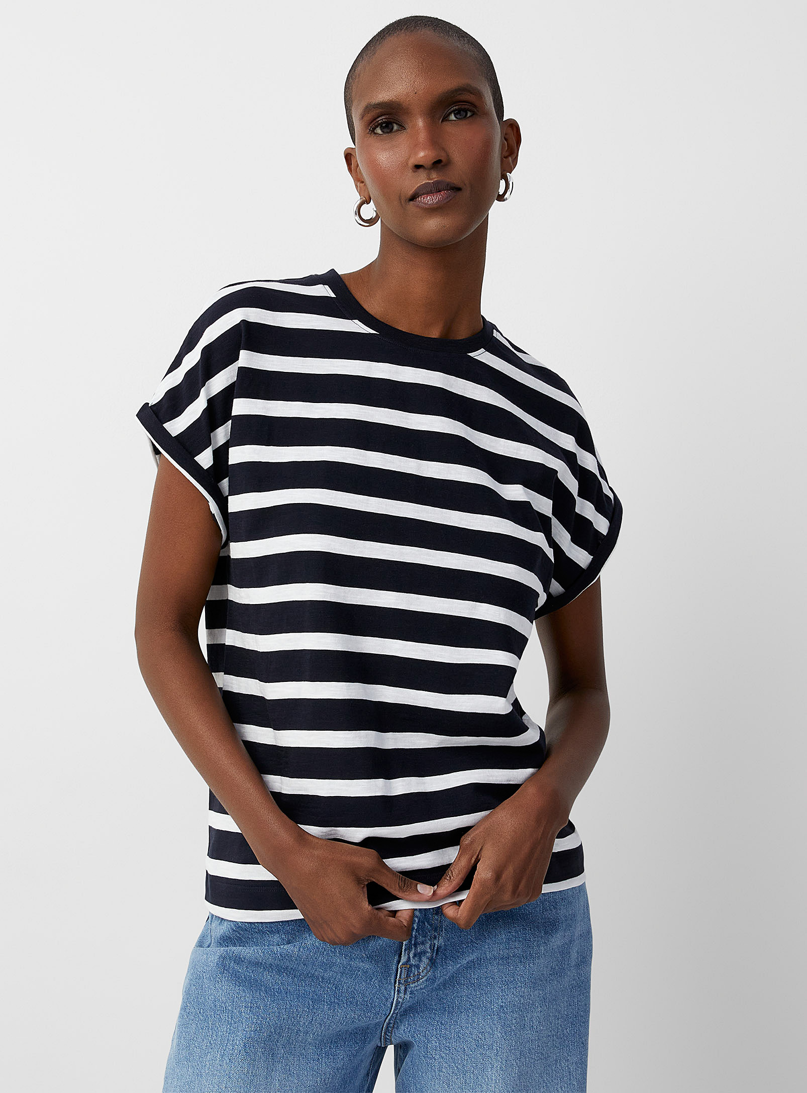 Contemporaine Horizontal Stripe Cap-sleeve T-shirt In Patterned Blue