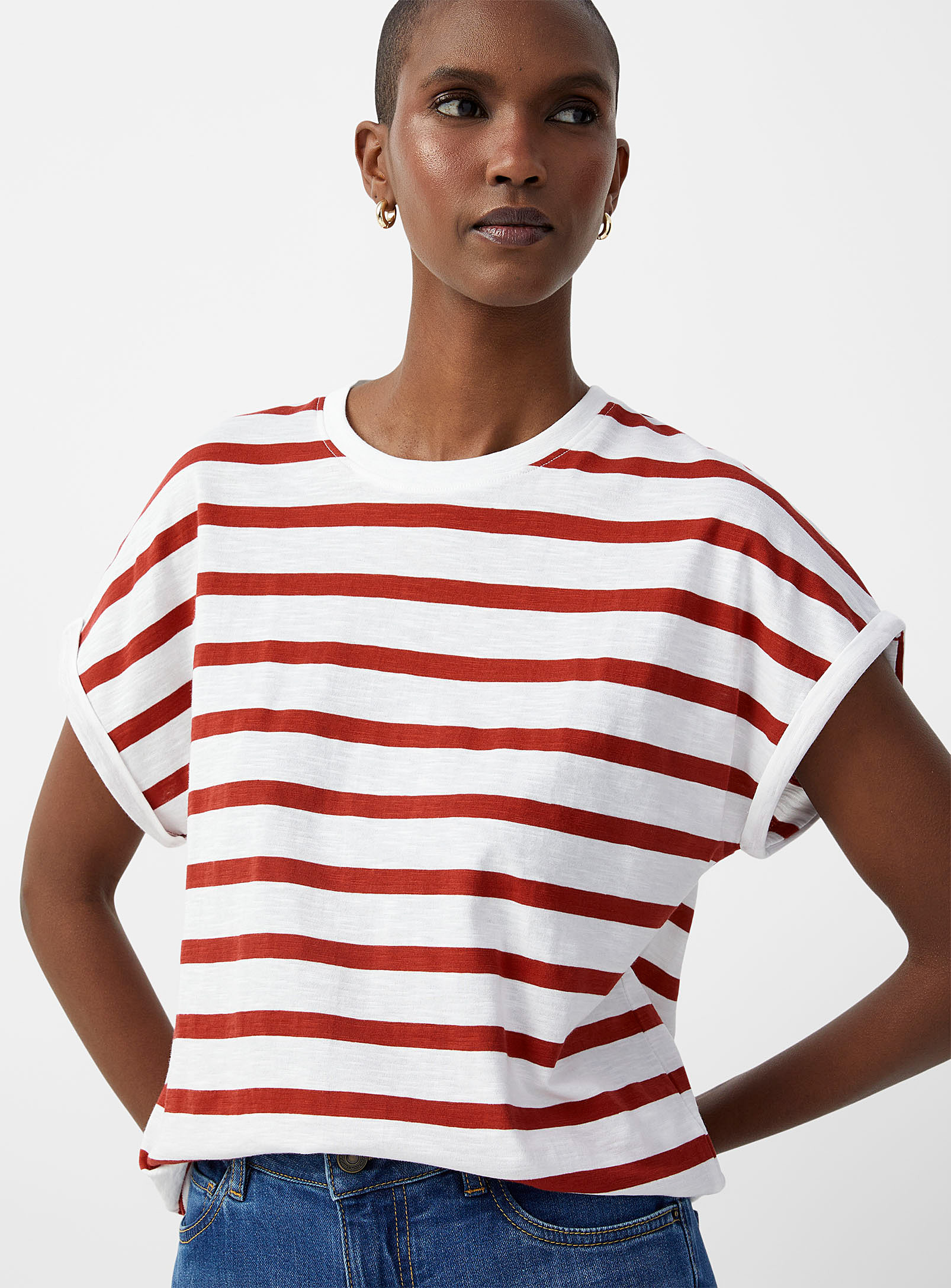 Contemporaine Horizontal Stripe Cap-sleeve T-shirt In Patterned Red
