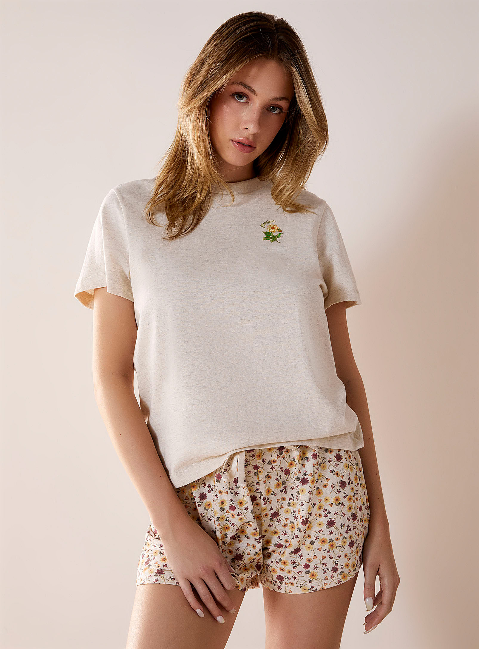 Miiyu Summer Bloom Recycled Lounge T-shirt In Ivory/cream Beige