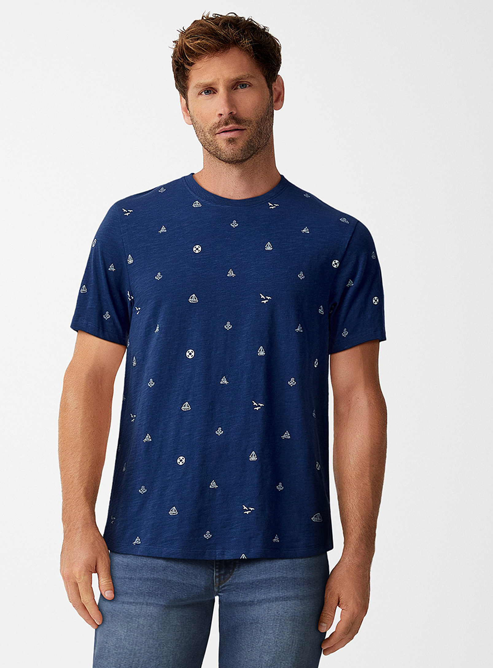 Le 31 Patterned Irregular-textured Jersey T-shirt In Navy/midnight Blue