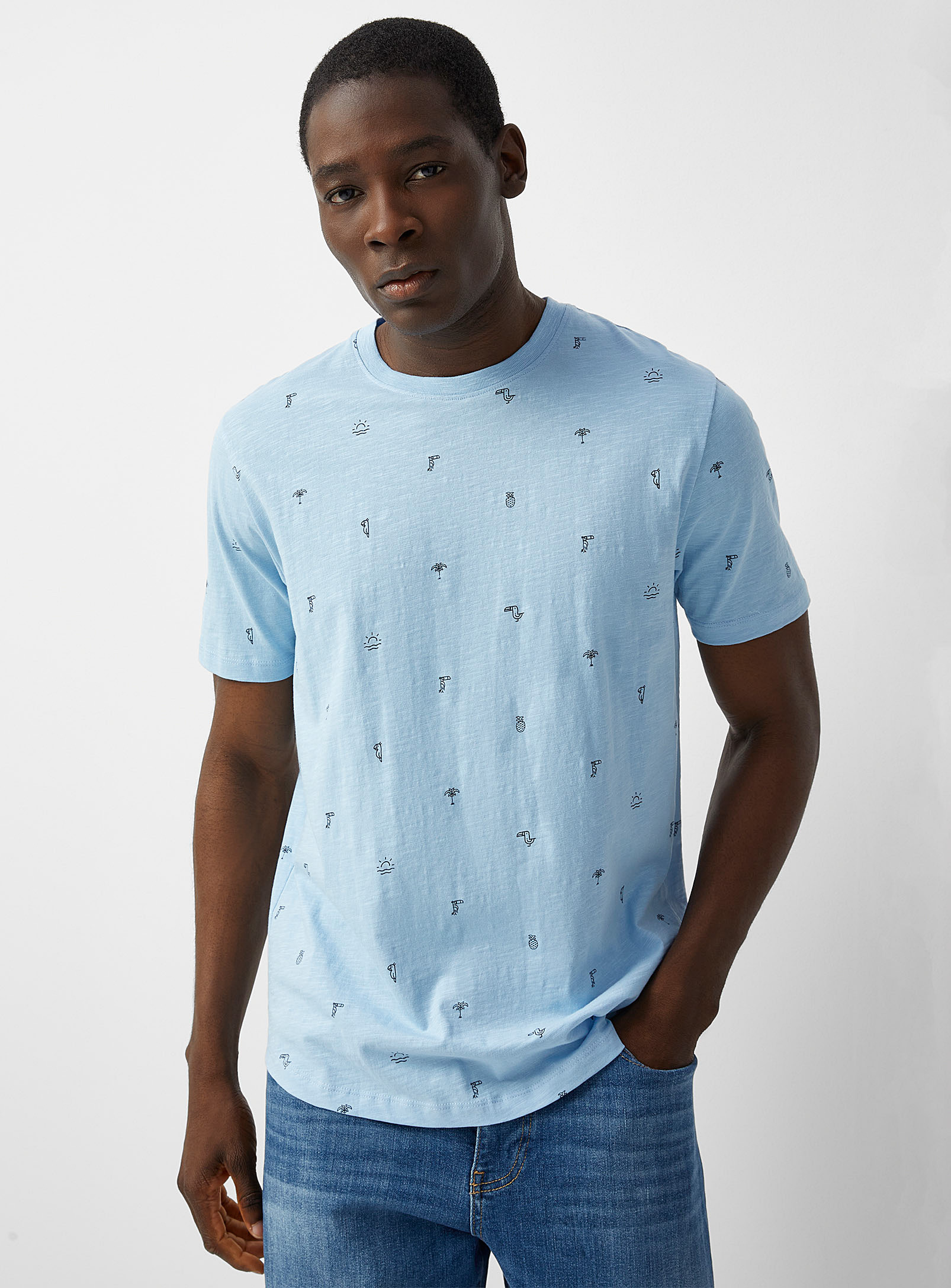 Le 31 Patterned Irregular-textured Jersey T-shirt In Baby Blue