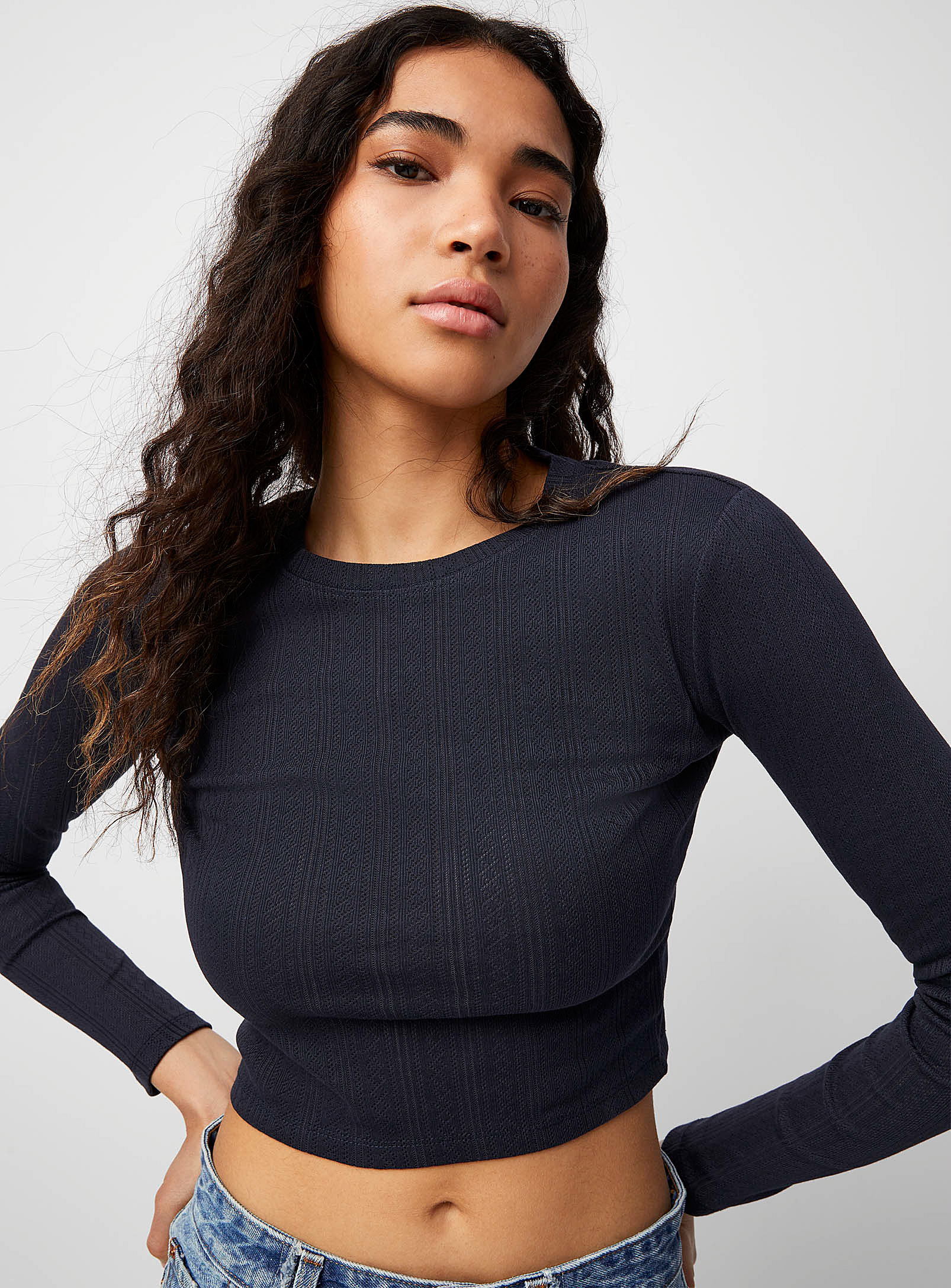 Twik Pointelle Knit Cropped T-shirt In Navy/midnight Blue