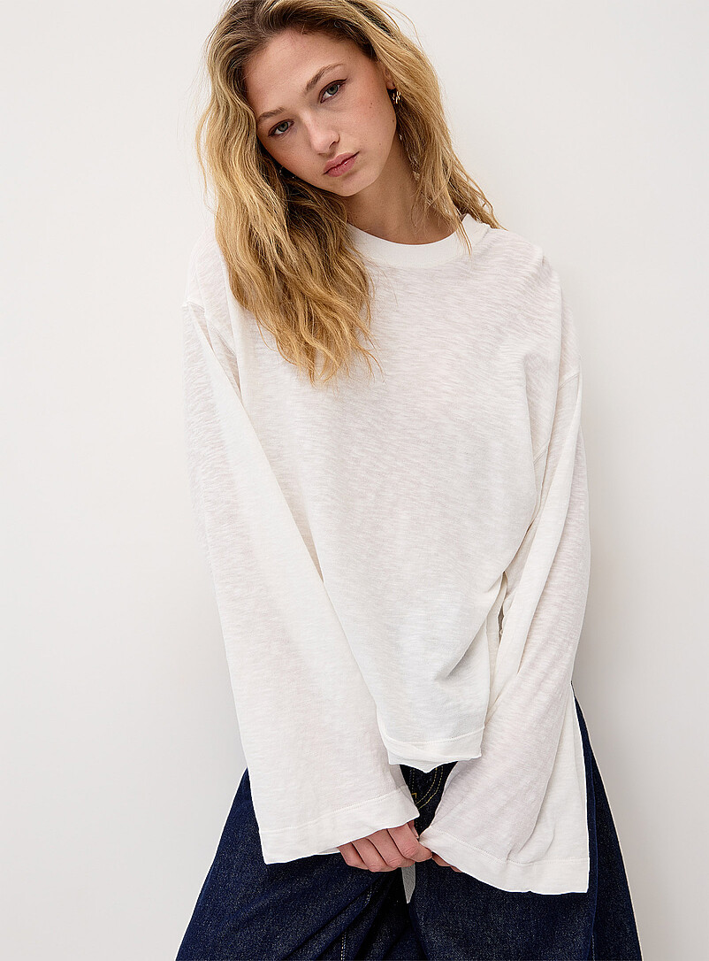 Scissor-Cut Hem Long-Sleeve Slub T-Shirt