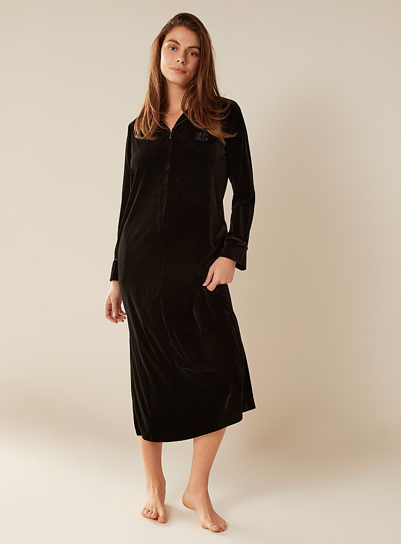 Lauren par Ralph Lauren: La chemise de nuit veloutée col cranté Noir pour femme