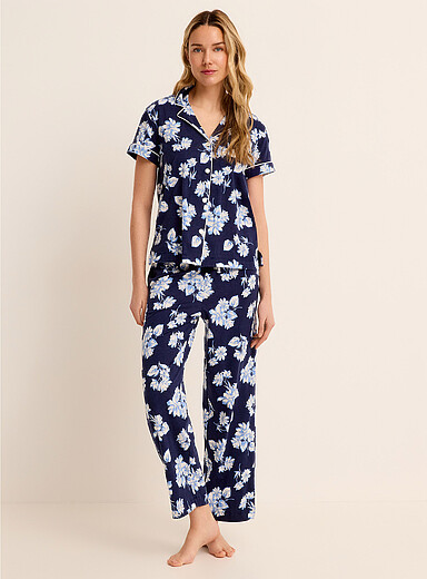 Atxnn Pyjama Femme Coton Ensemble de Pyjama Été Col Rond Vêtements de Nuit à Manches Courtes Et Pantalon Rayé avec Poches Chemises de Nuit Confortable Doux 2 Pièces