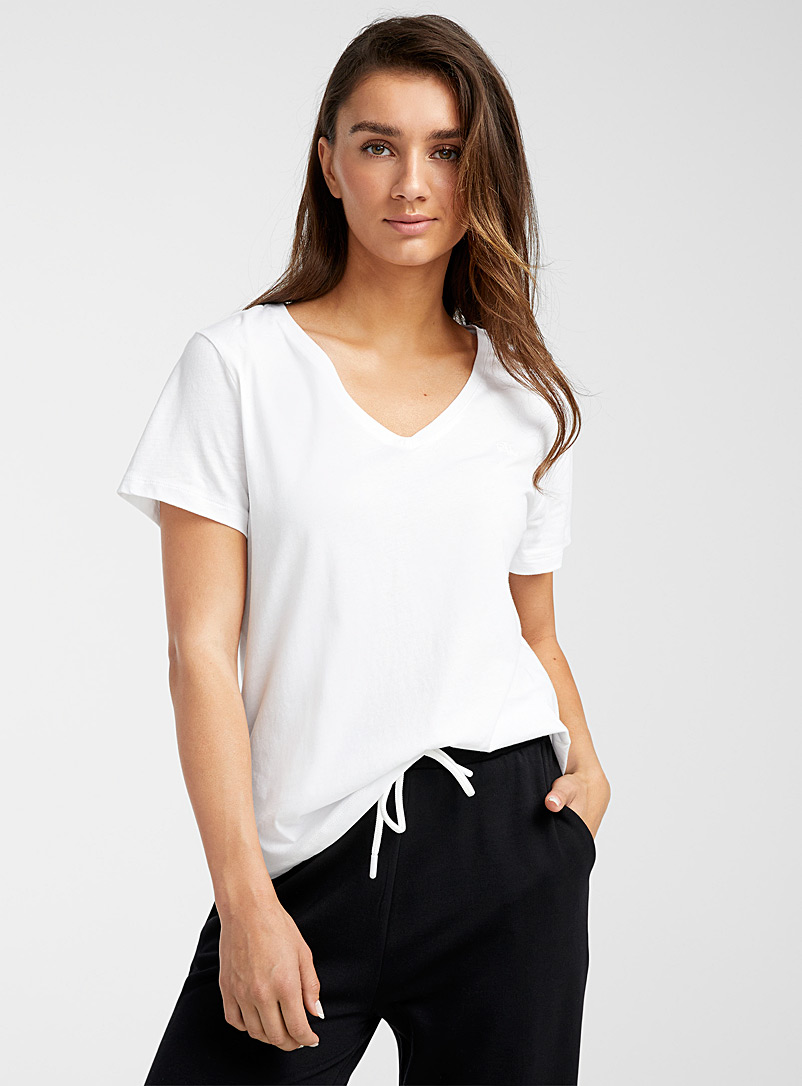 Lauren par Ralph Lauren: Le t-shirt détente col V pur coton Blanc pour femme