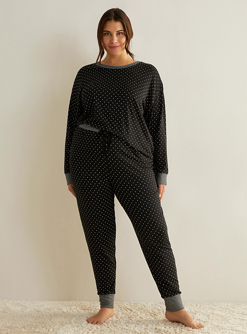 Lauren par Ralph Lauren Patterned Black Polka dots and stripes brushed pyjama set Plus size for women