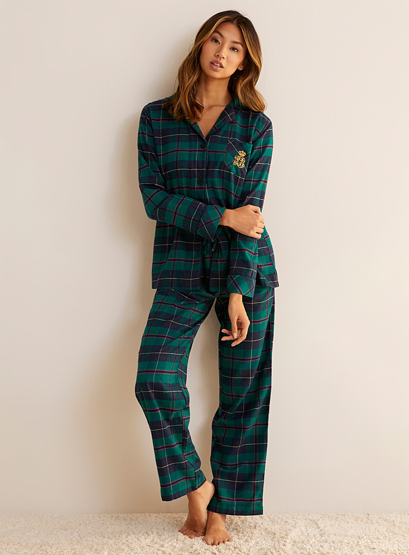 Lauren par Ralph Lauren Green Checkered brushed twill pyjama set for women