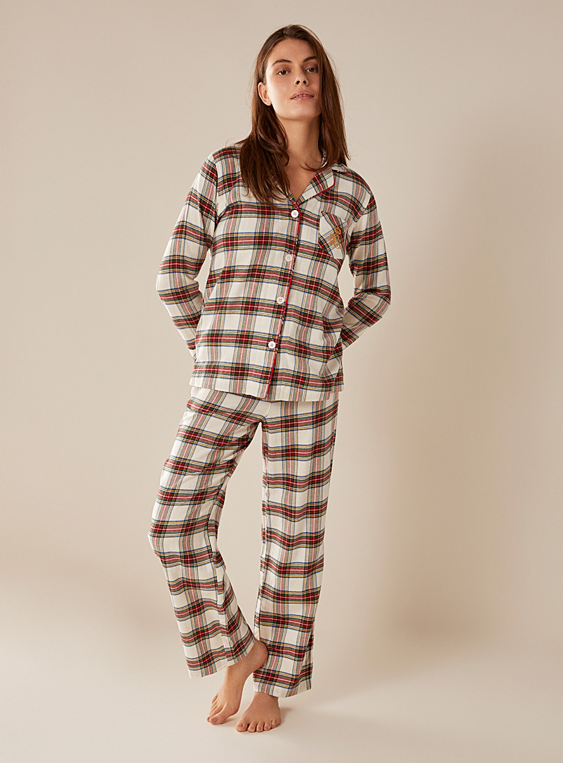 Lauren par Ralph Lauren Ivory White Embroidered logo checkered pyjama set for women
