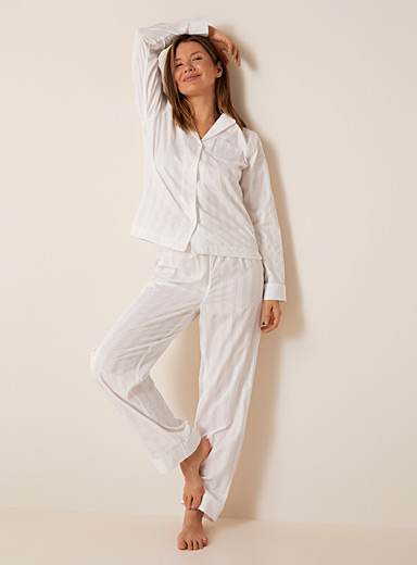 Women's White Dress Shirt, Navy and White Vertical Striped Pajama