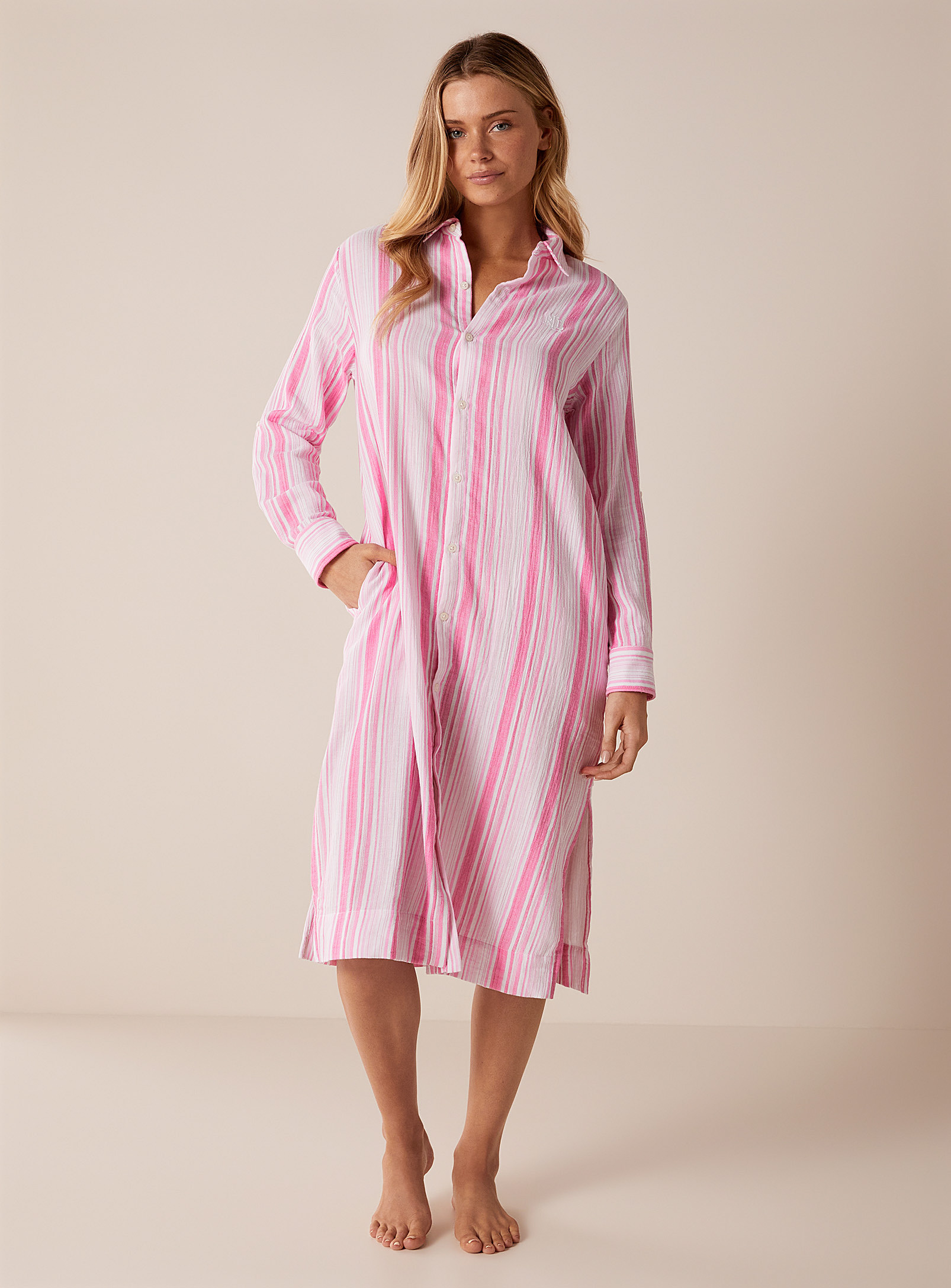 Lauren Par Ralph Lauren Candy Striped Cotton Gauze Nightshirt In Pink