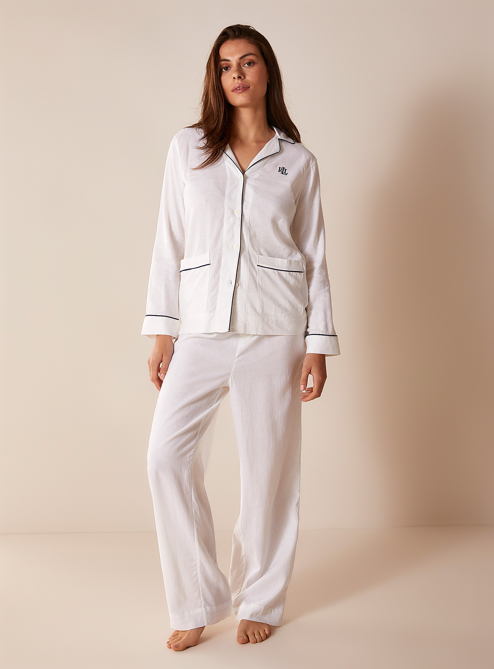 Lauren par Ralph - Women's Navy-trim viscose and linen pyjama set