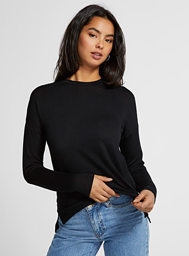 Icône: Le t-shirt tricot manches longues Noir pour femme