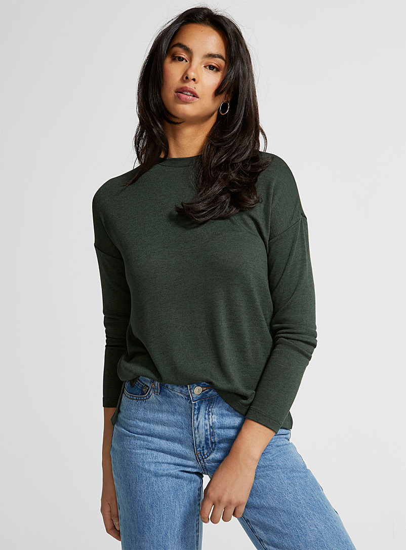 Icône: Le t-shirt tricot manches longues Vert bouteille pour femme